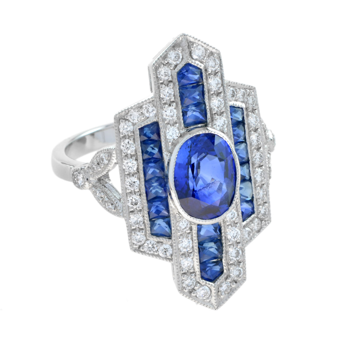Blue Oval Shape Sapphire & Diamond Art Deco Style Cocktail 18K White Gold Ring
