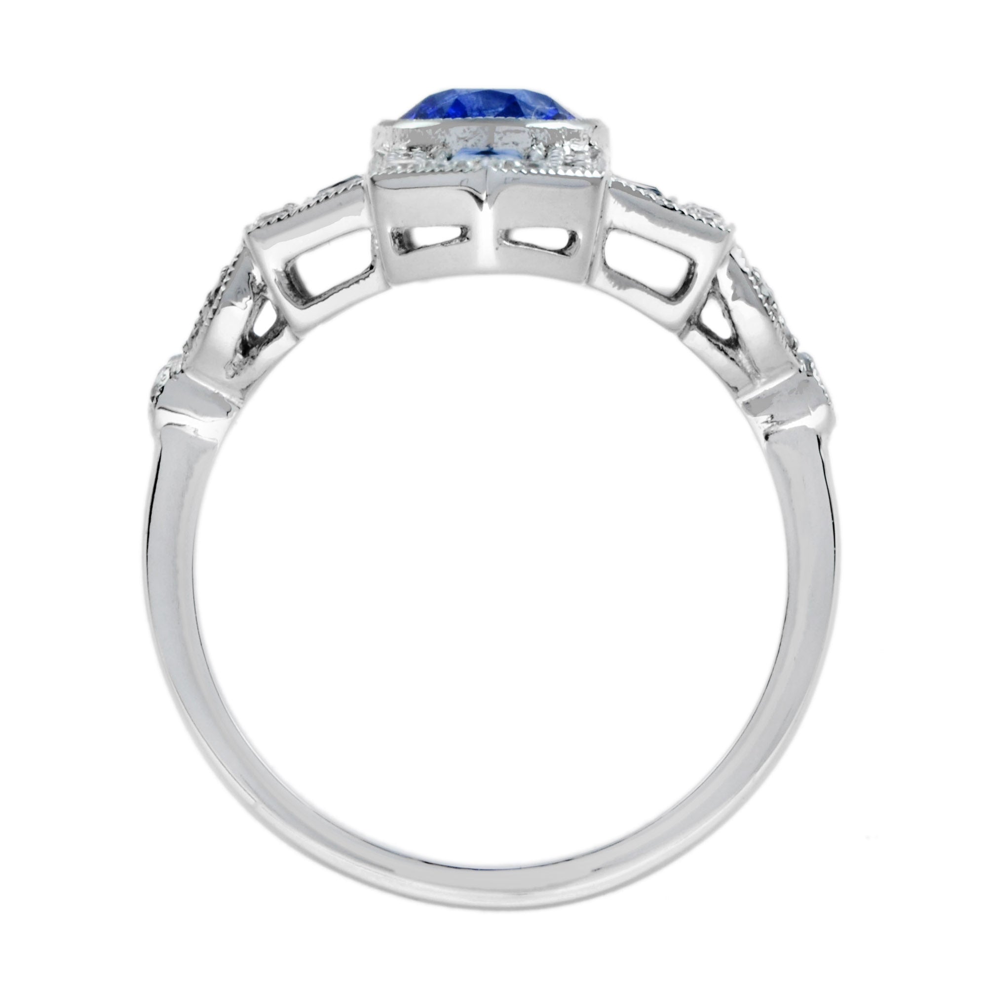 Blue Oval Shape Sapphire & Diamond Art Deco Style Cocktail 18K White Gold Ring