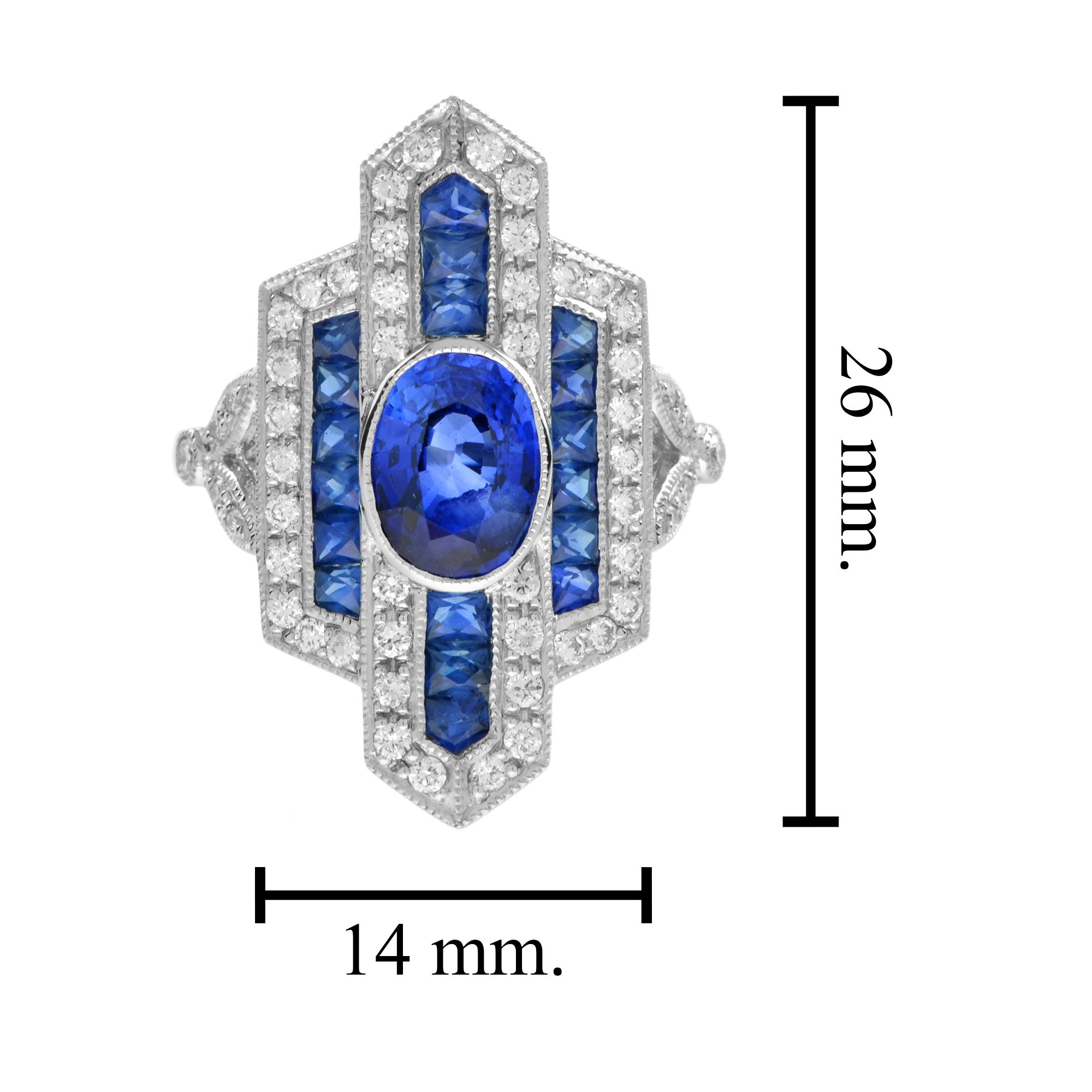 Blue Oval Shape Sapphire & Diamond Art Deco Style Cocktail 18K White Gold Ring