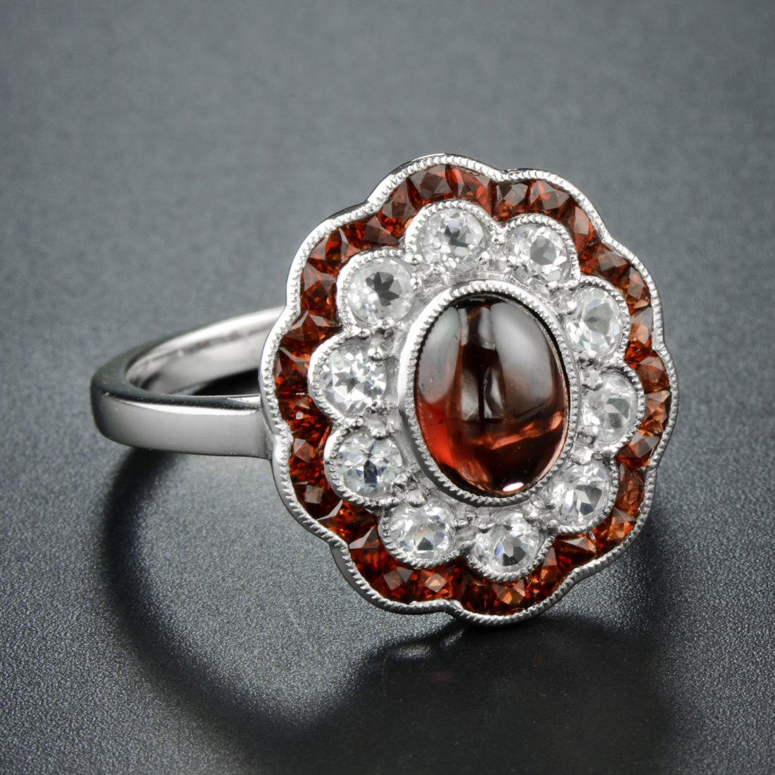 Oval Shape Cabochon Red Garnet & Diamond Art Deco Style Halo 14K White Gold Ring