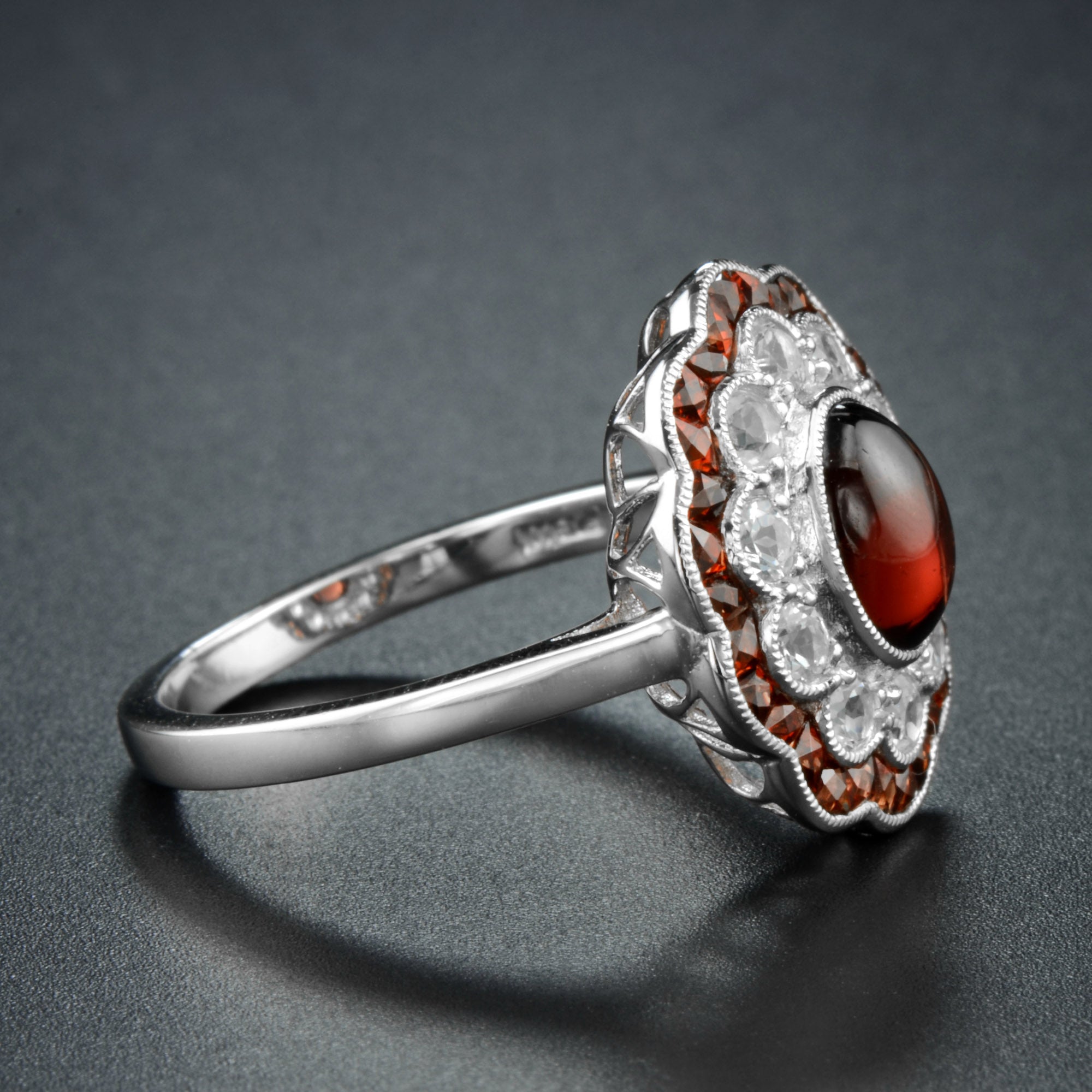 Oval Shape Cabochon Red Garnet & Diamond Art Deco Style Halo 14K White Gold Ring