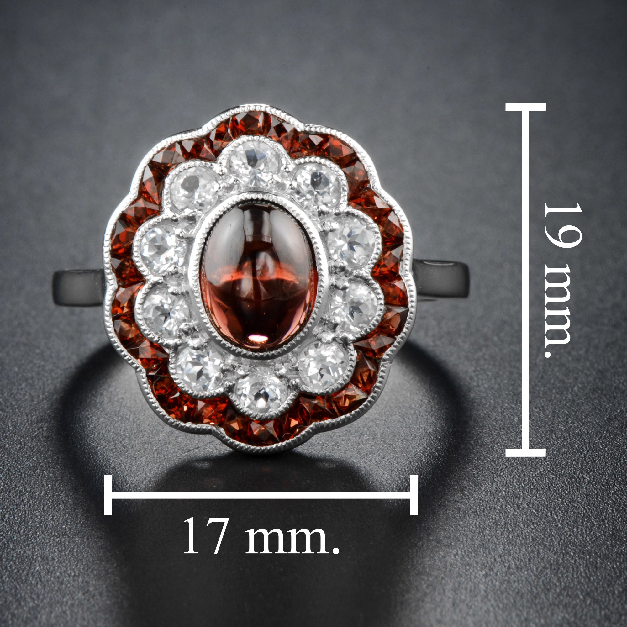 Oval Shape Cabochon Red Garnet & Diamond Art Deco Style Halo 14K White Gold Ring