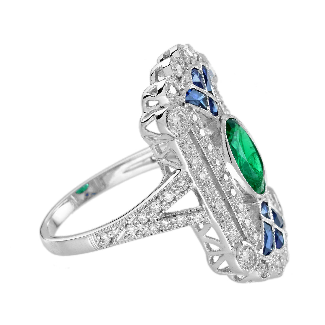 Oval Shape Green Emerald & Sapphire Diamond Art Deco Egyptian Style White Ring