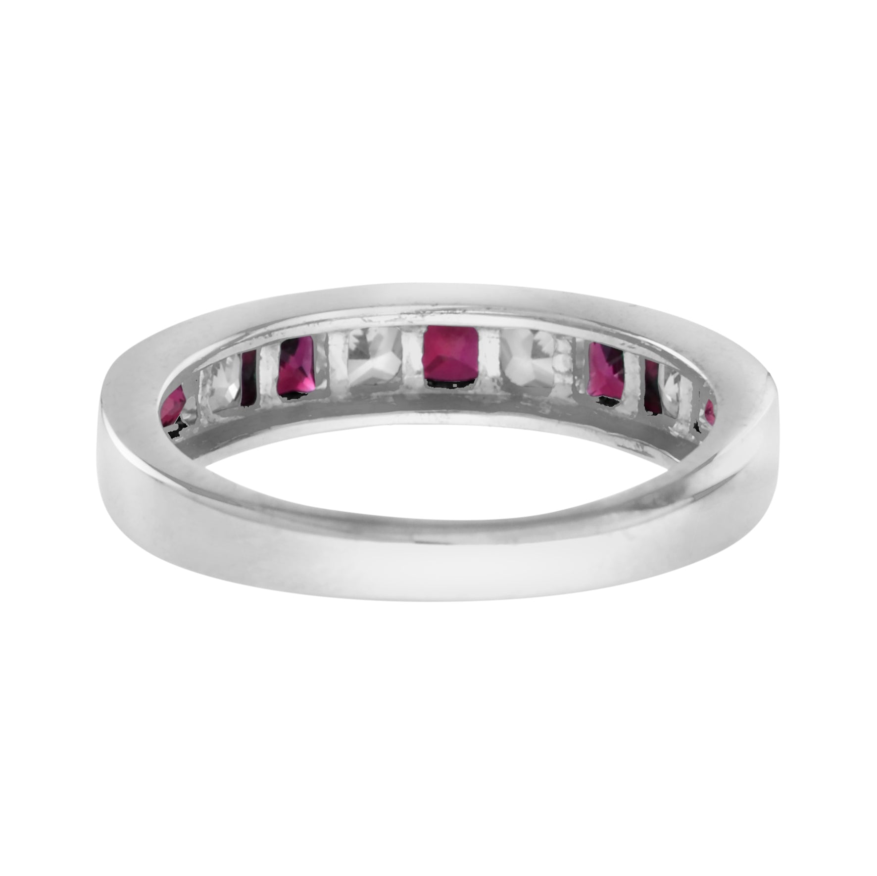 Square Princess Cut Red Ruby & Diamond Channel Set Half Eternity Band Gold Ring