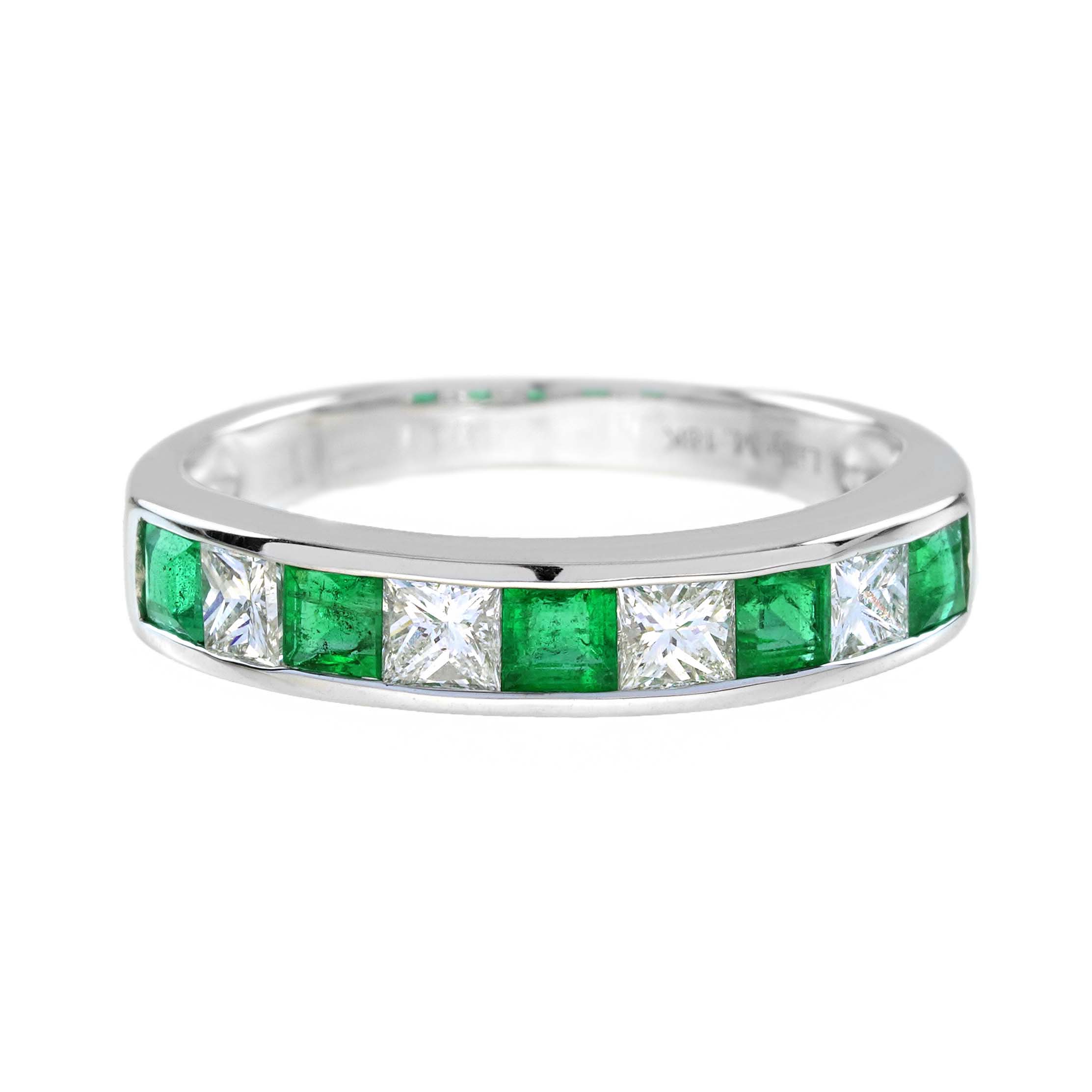Square Princess Cut Green Emerald & Diamond Channel Half Eternity 14KW Gold Band