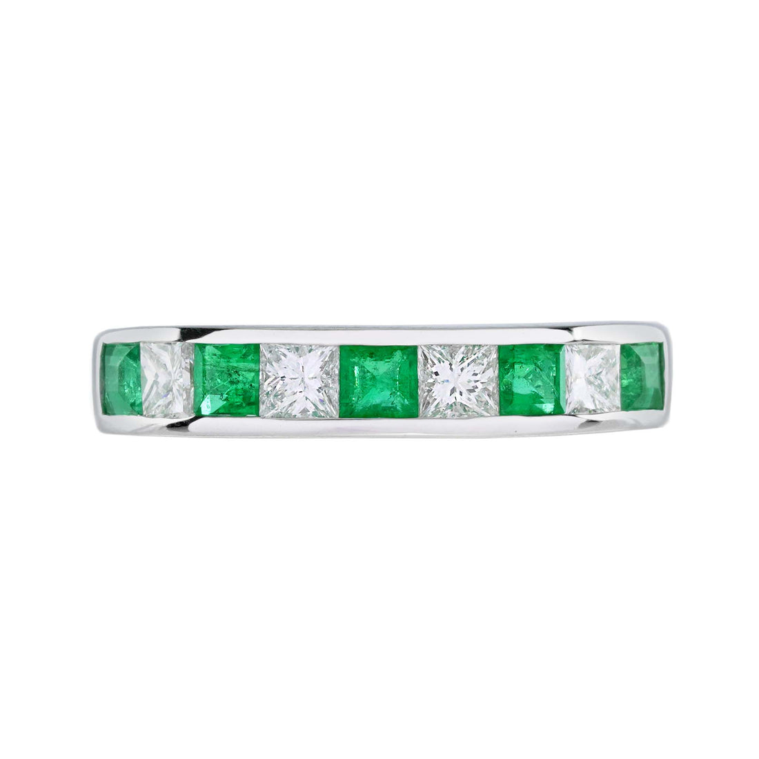 Square Princess Cut Green Emerald & Diamond Channel Half Eternity 14KW Gold Band
