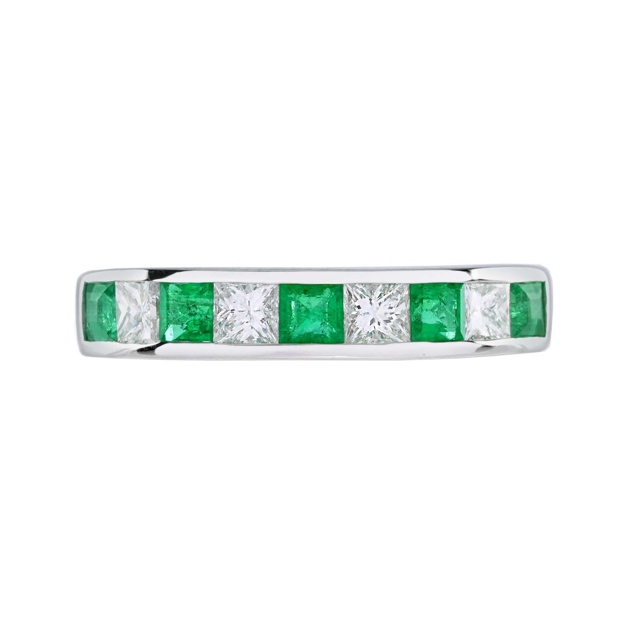 Square Princess Cut Green Emerald & Diamond Channel Half Eternity 14KW Gold Band
