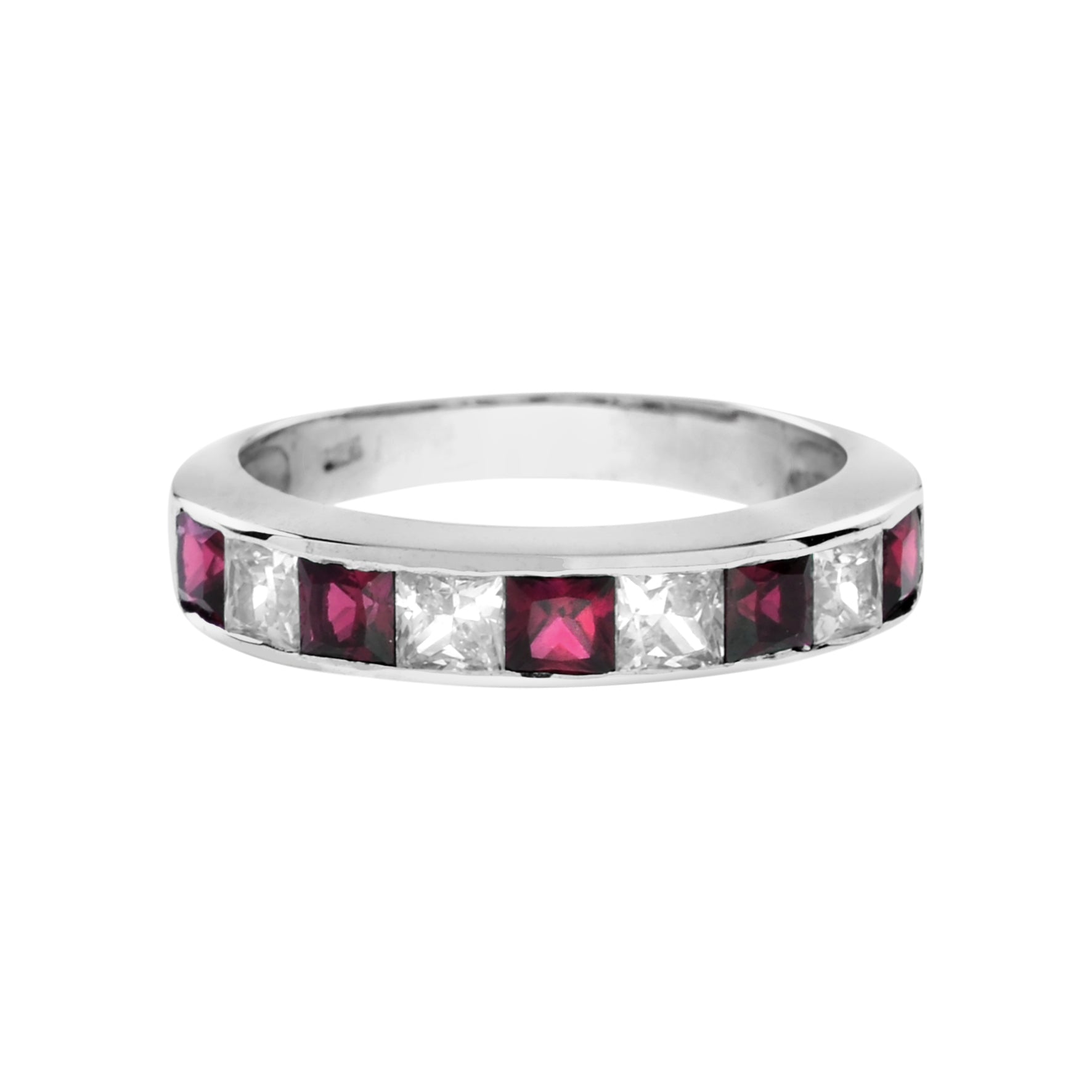 Square Princess Cut Red Ruby & Diamond Channel Set Half Eternity Band Gold Ring