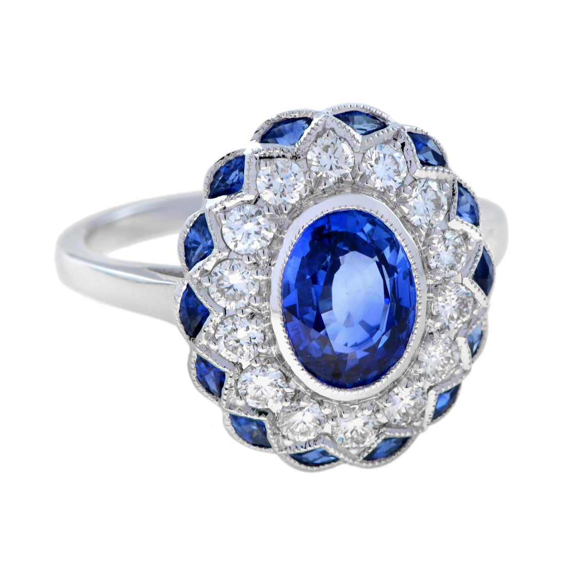 Oval Cut Blue Sapphire & Diamond Art Deco Style Halo Set 18K White Gold Ring