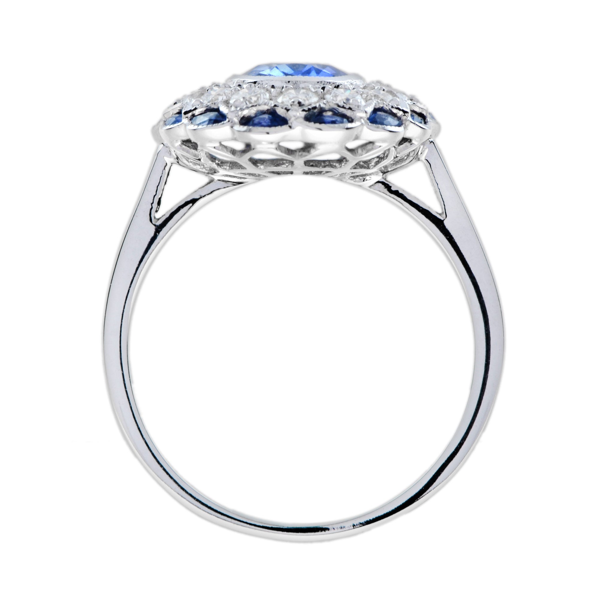 Oval Cut Blue Sapphire & Diamond Art Deco Style Halo Set 18K White Gold Ring