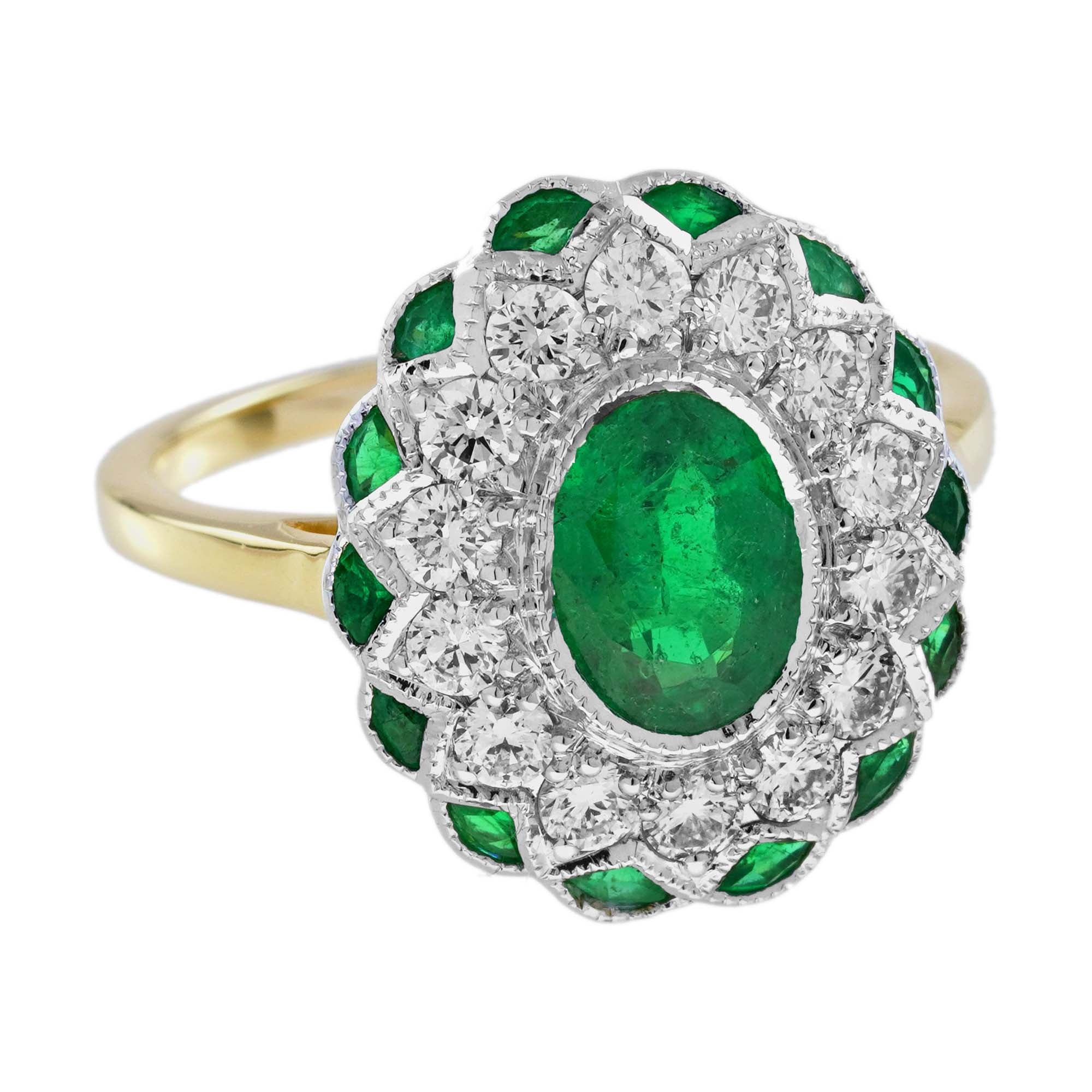 Oval Green Emerald & Diamond Halo Set Art Deco Style Floral 18K Gold Ring