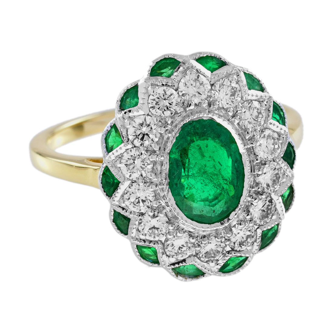 Oval Green Emerald Diamond Vintage Inspired Art Deco Style Floral Two Gold Ring
