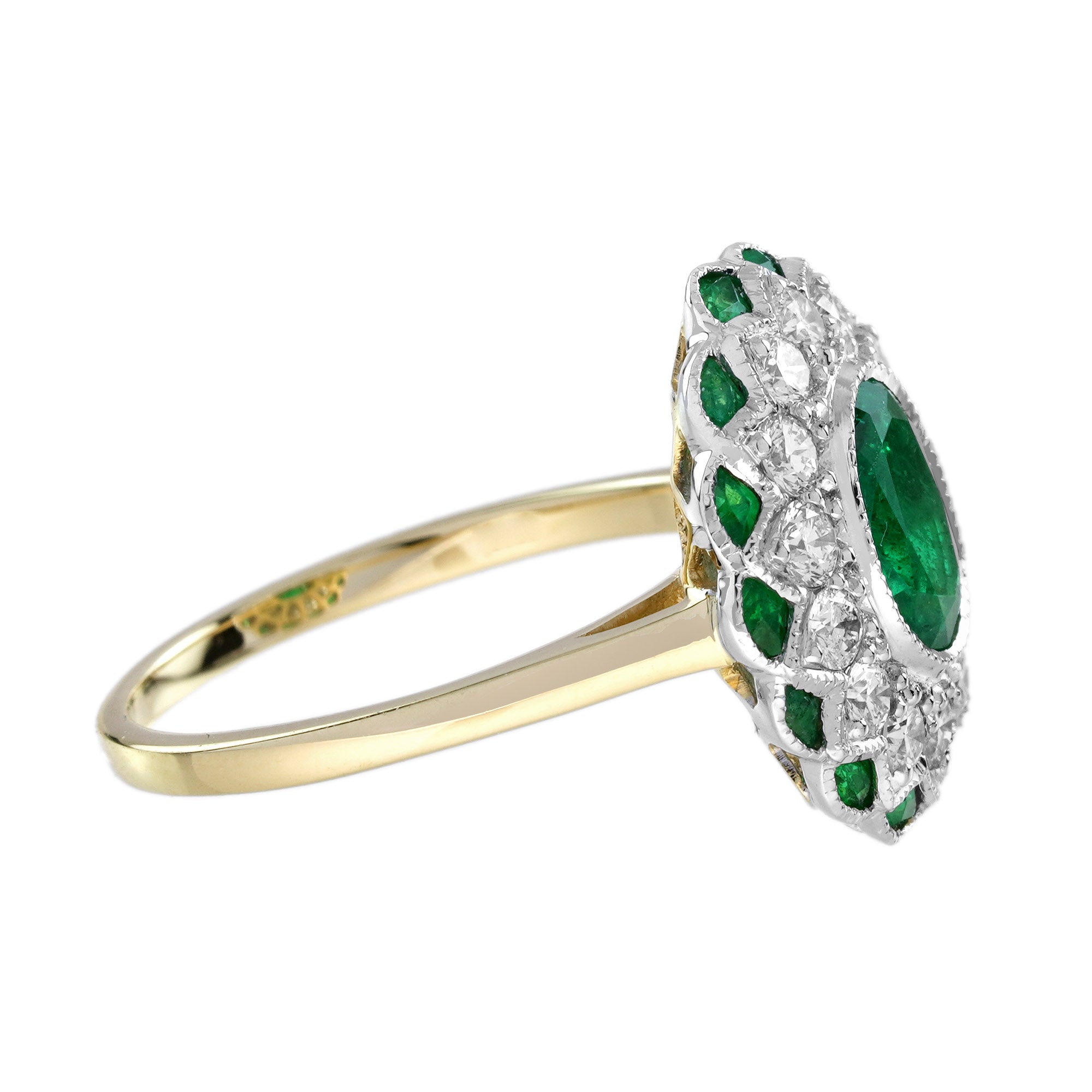 Oval Green Emerald & Diamond Halo Set Art Deco Style Floral 18K Gold Ring