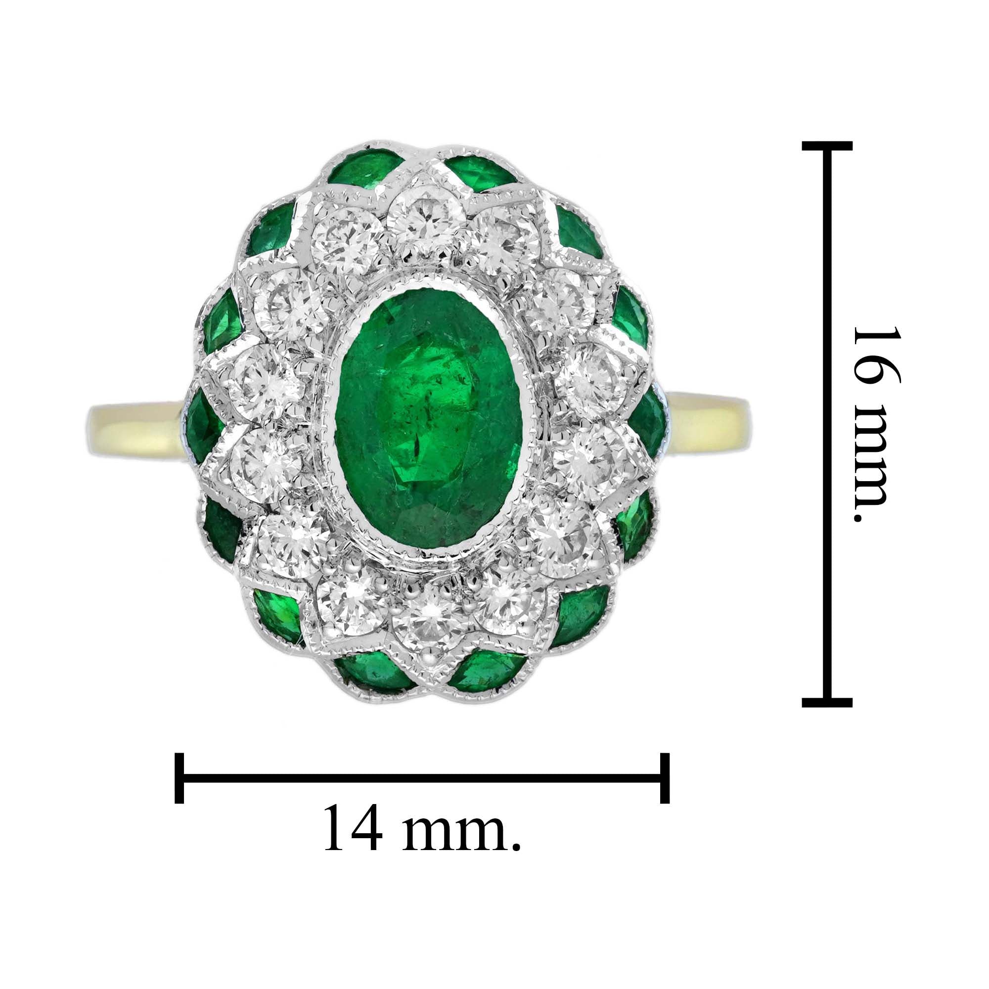 Oval Green Emerald & Diamond Halo Set Art Deco Style Floral 18K Gold Ring
