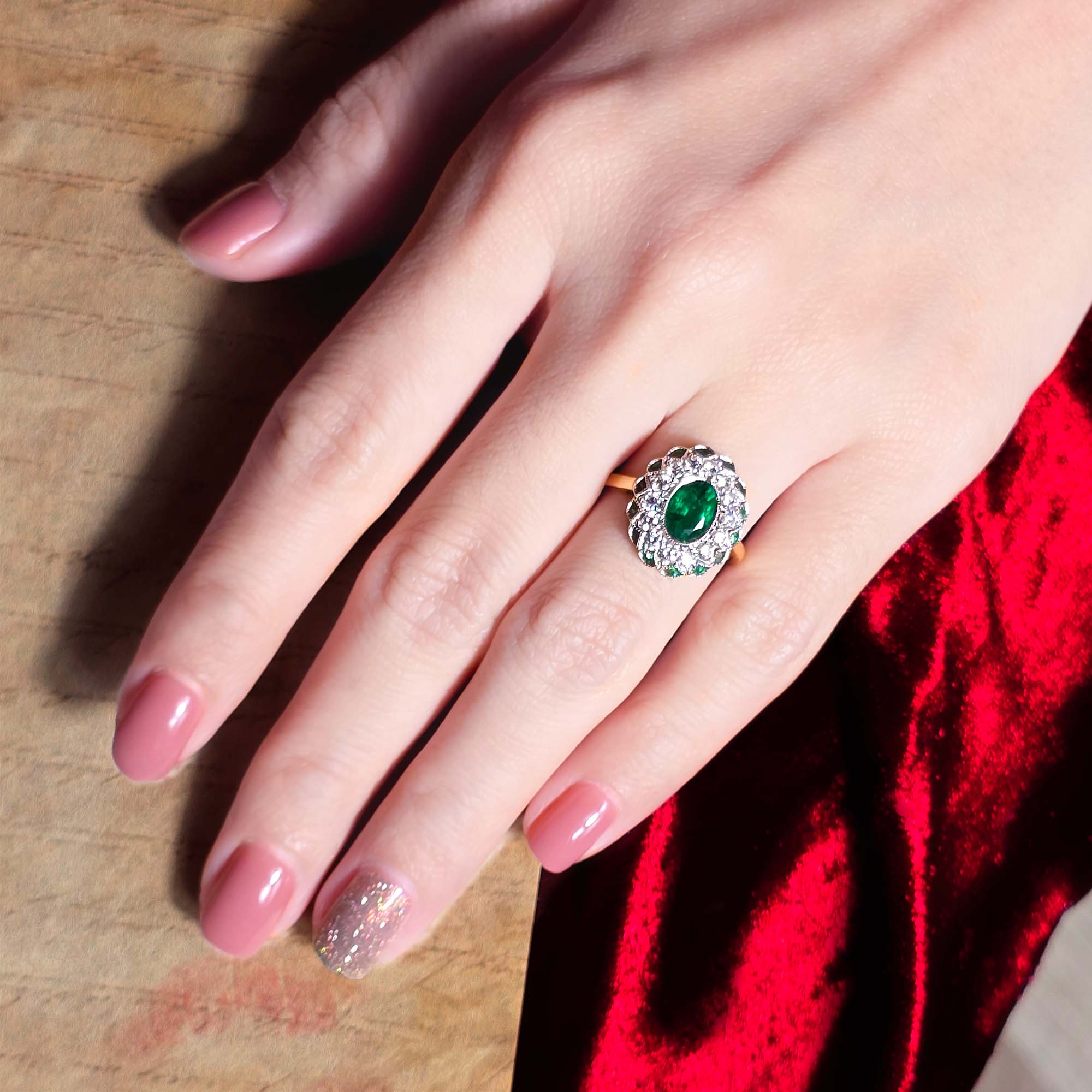 Oval Green Emerald & Diamond Halo Set Art Deco Style Floral 18K Gold Ring