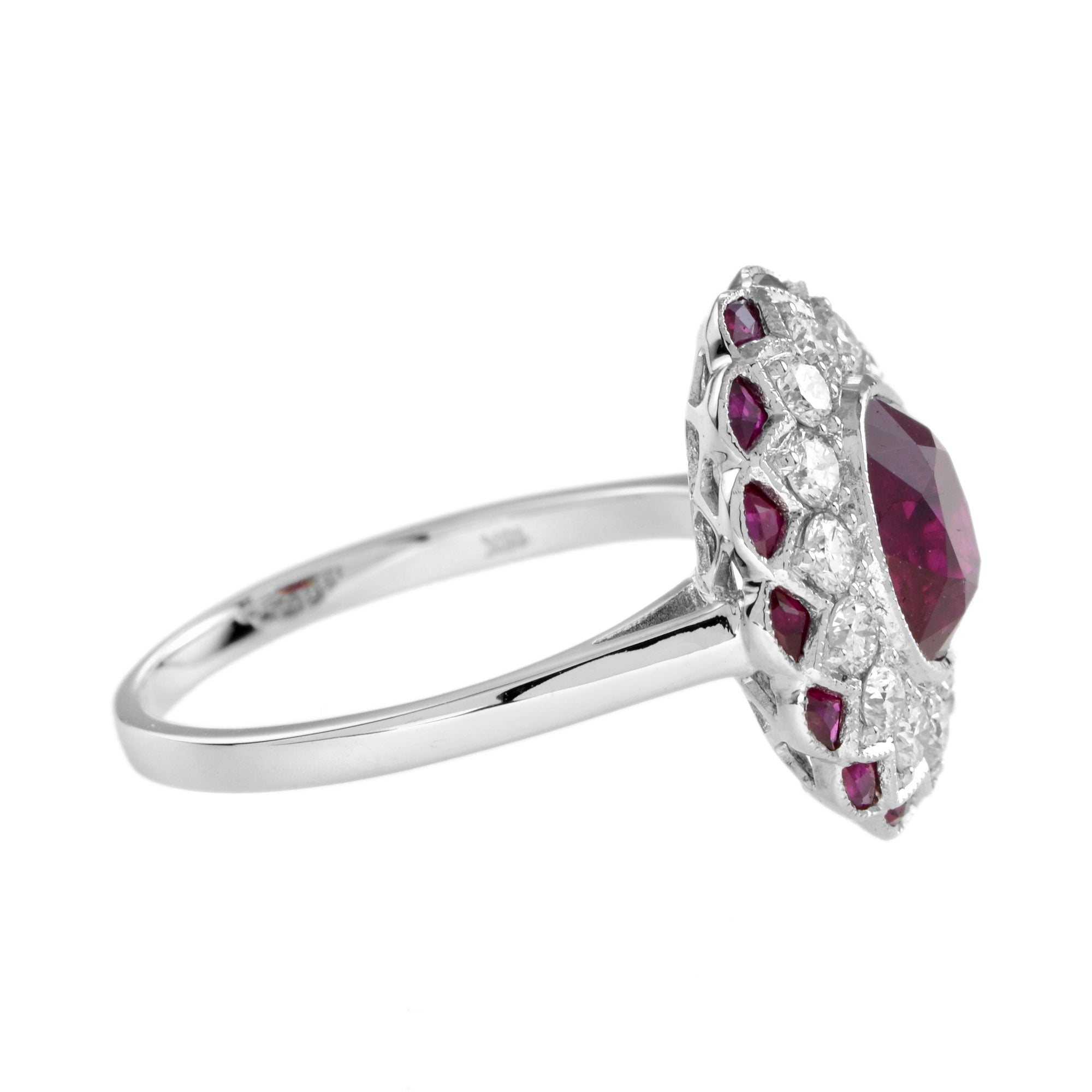 Oval Shape Natural Siamese Ruby & Diamond Flower Halo 18K White Gold Ring