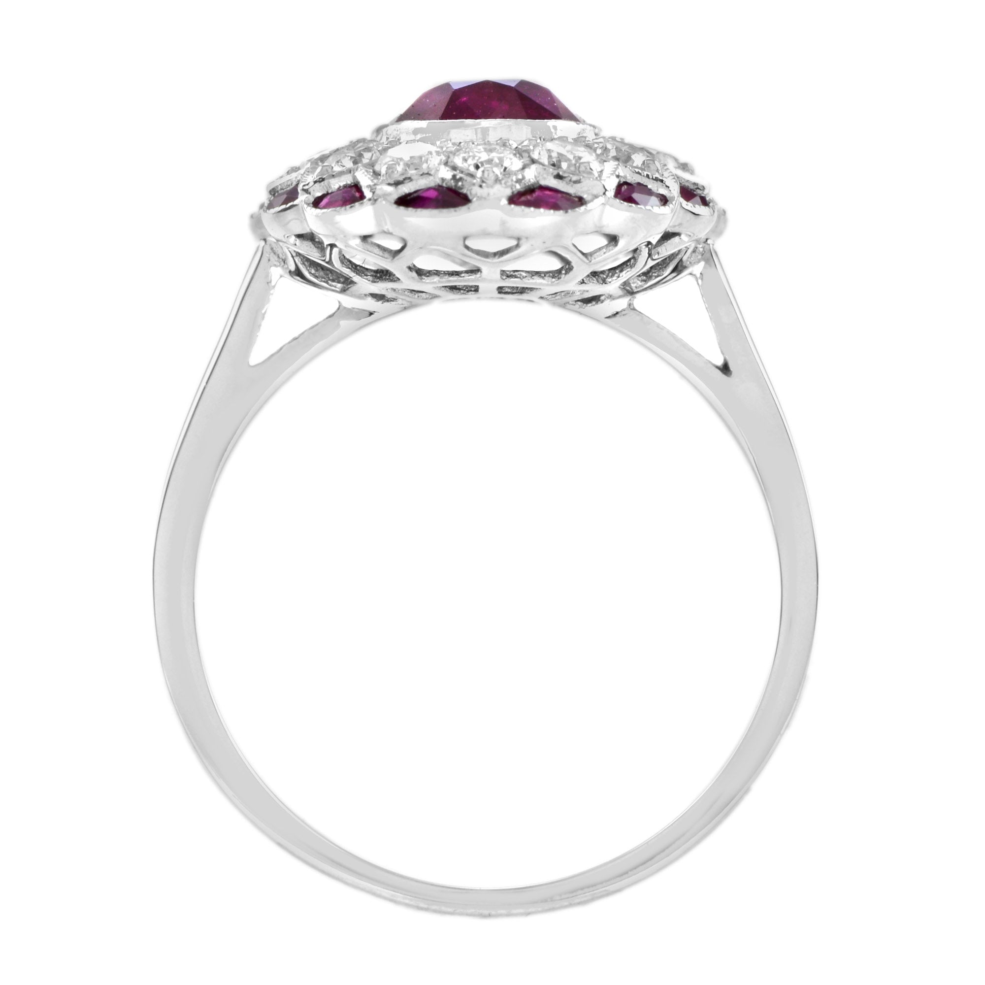 Oval Shape Natural Siamese Ruby & Diamond Flower Halo 18K White Gold Ring