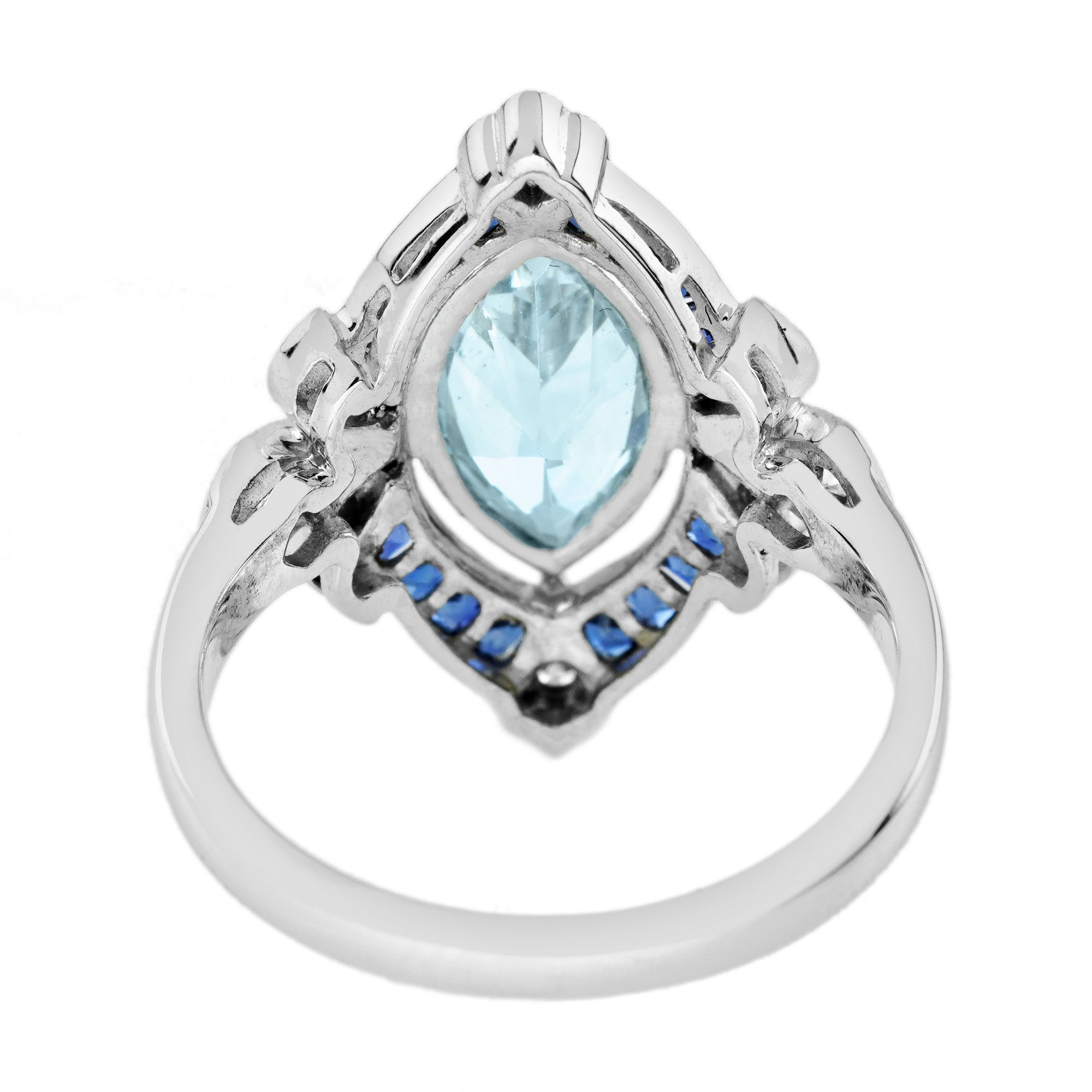 Marquise Blue Aquamarine Sapphire Diamond Edwardian Style White Gold Ring