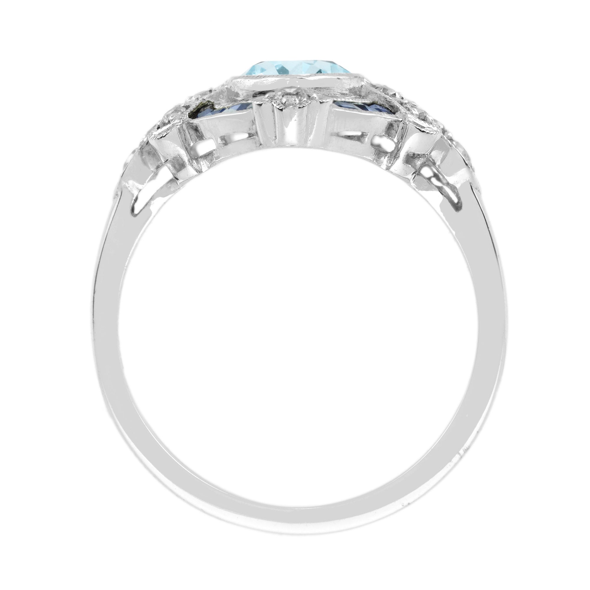 Marquise Blue Aquamarine Sapphire Diamond Edwardian Style White Gold Ring