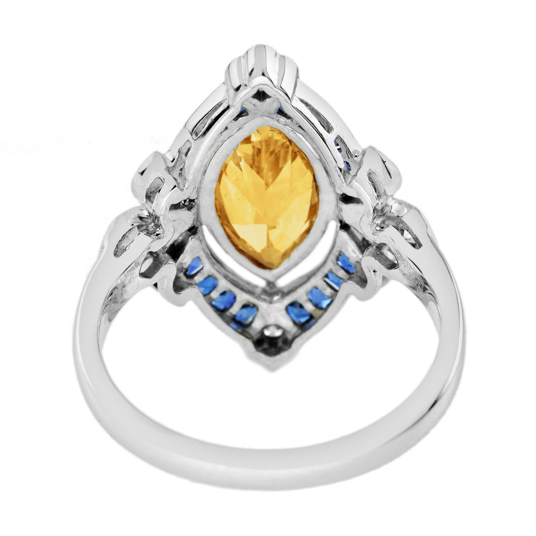 Marquise Orange Citrine & Blue Sapphire Diamond Vintage Style White Gold Ring