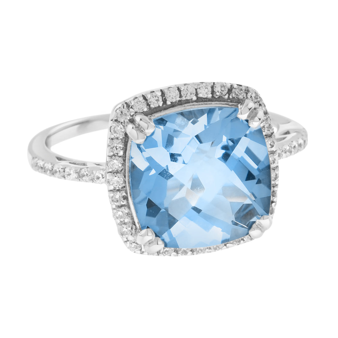 Art Deco Inspired Cushion Cut Blue Topaz & Diamond Halo Set 14K White Gold Ring