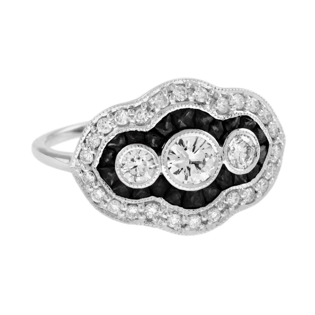 Diamond &Black Onyx Art Deco Style Three Stone 14K White Gold Ring