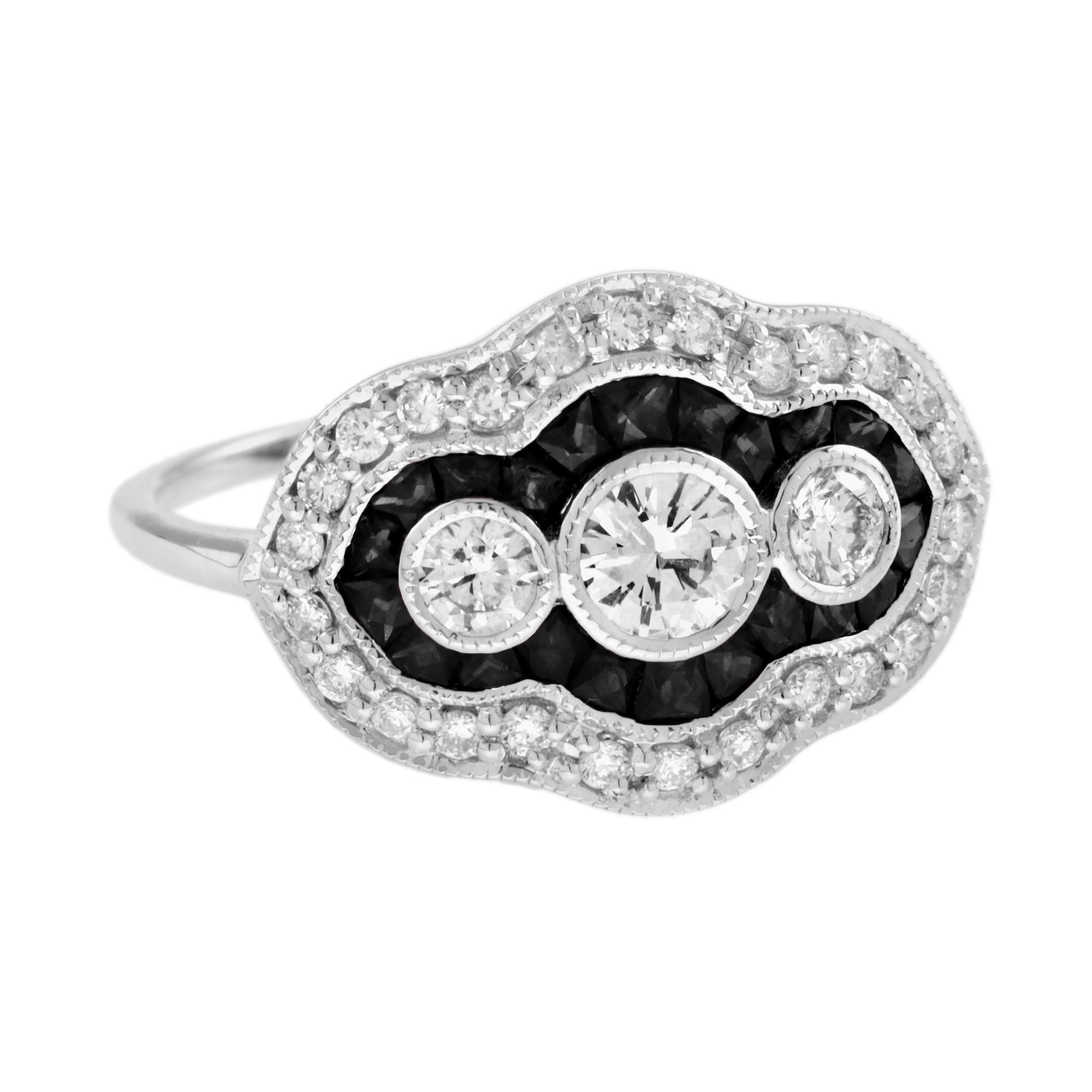 Diamond &Black Onyx Art Deco Style Three Stone 14K White Gold Ring