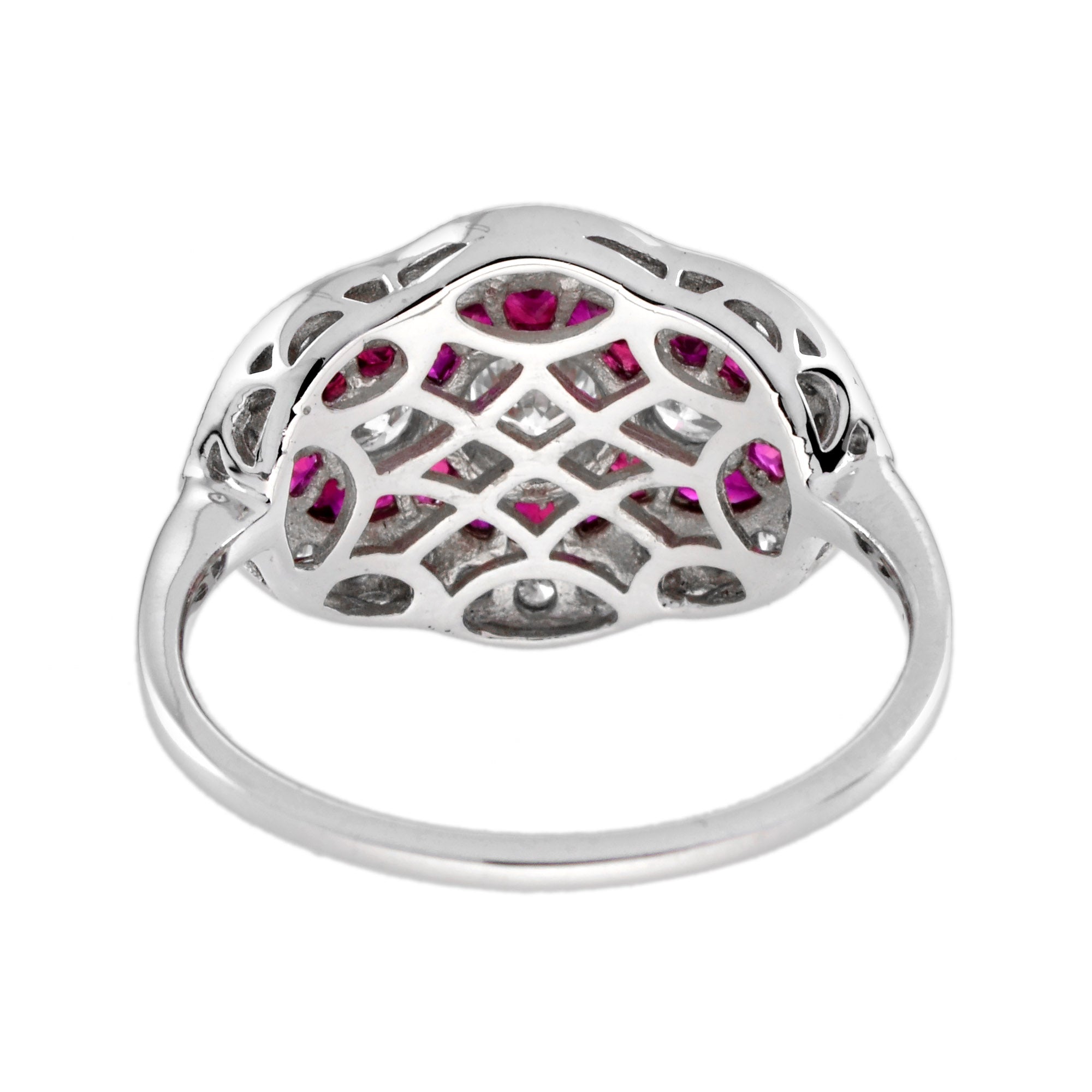 Diamond & Red Pink Ruby Art Deco Style Three Stone 14K White Gold Ring
