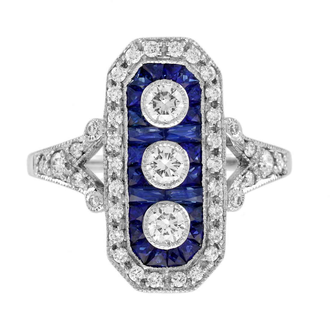 Diamond & Blue Sapphire Halo Set Art Deco Style Three Stone 14K White Gold Ring