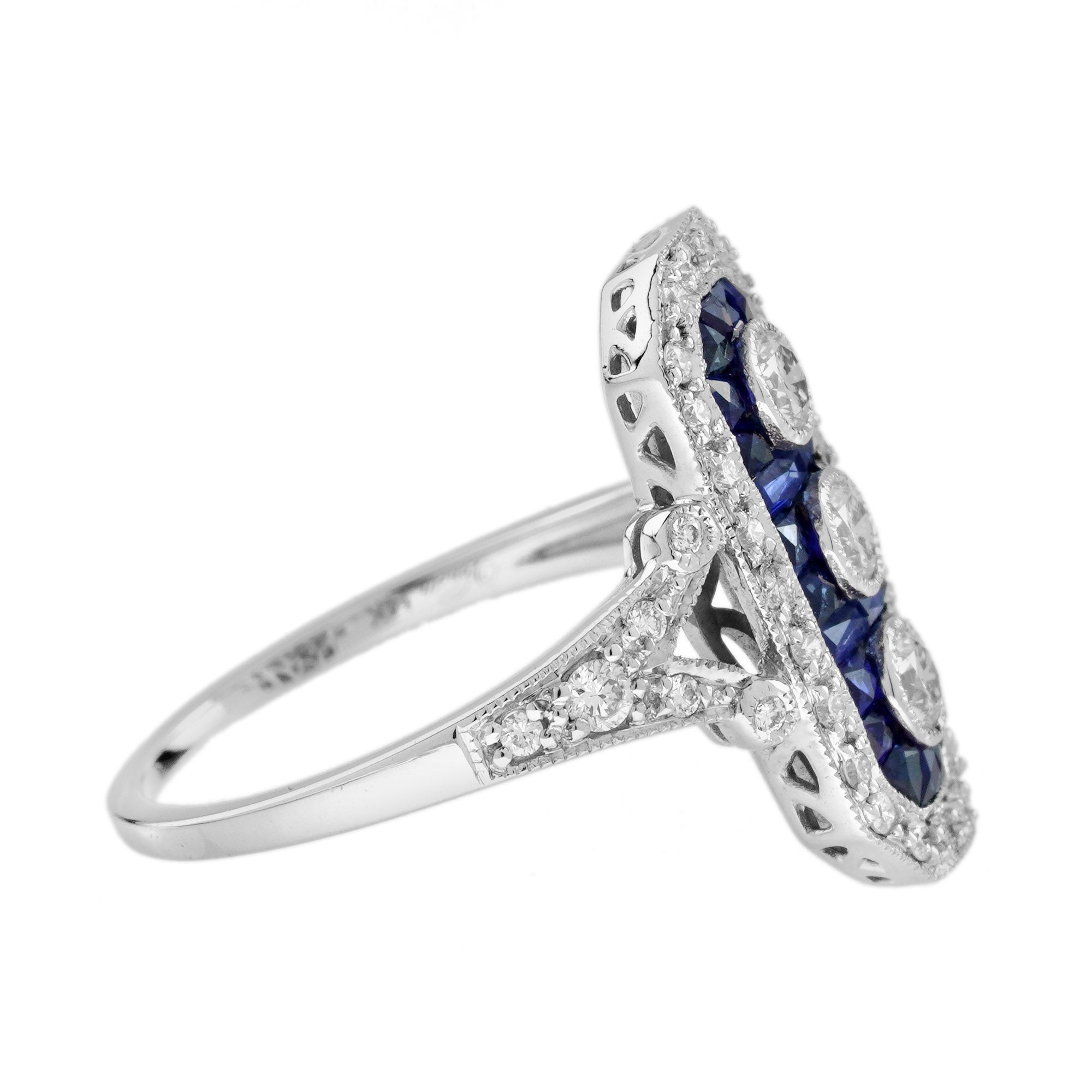 Diamond & Blue Sapphire Halo Set Art Deco Style Three Stone 14K White Gold Ring
