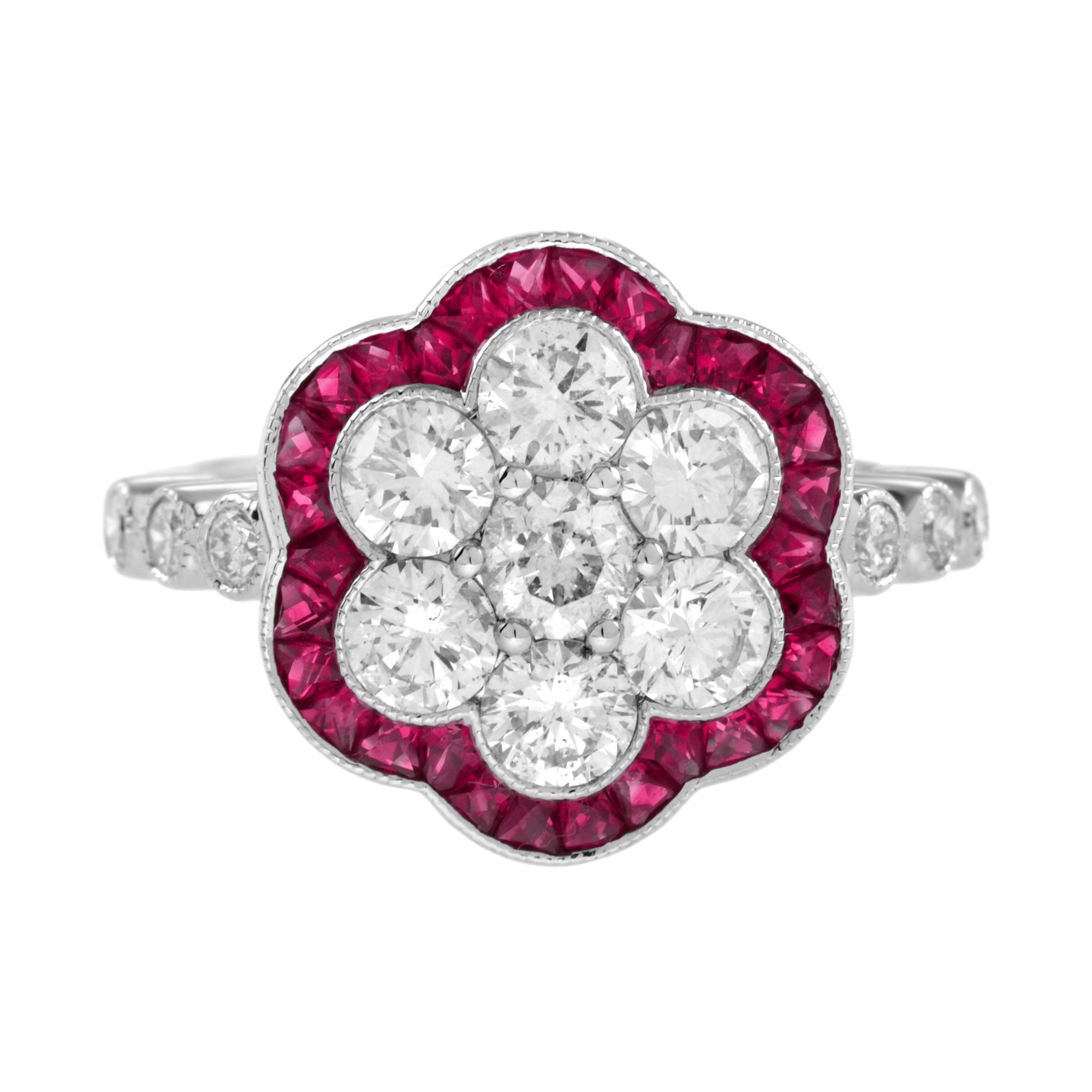Diamond Cluster & Red Pink Ruby Art Deco Style Flower Floral 14K White Gold Ring