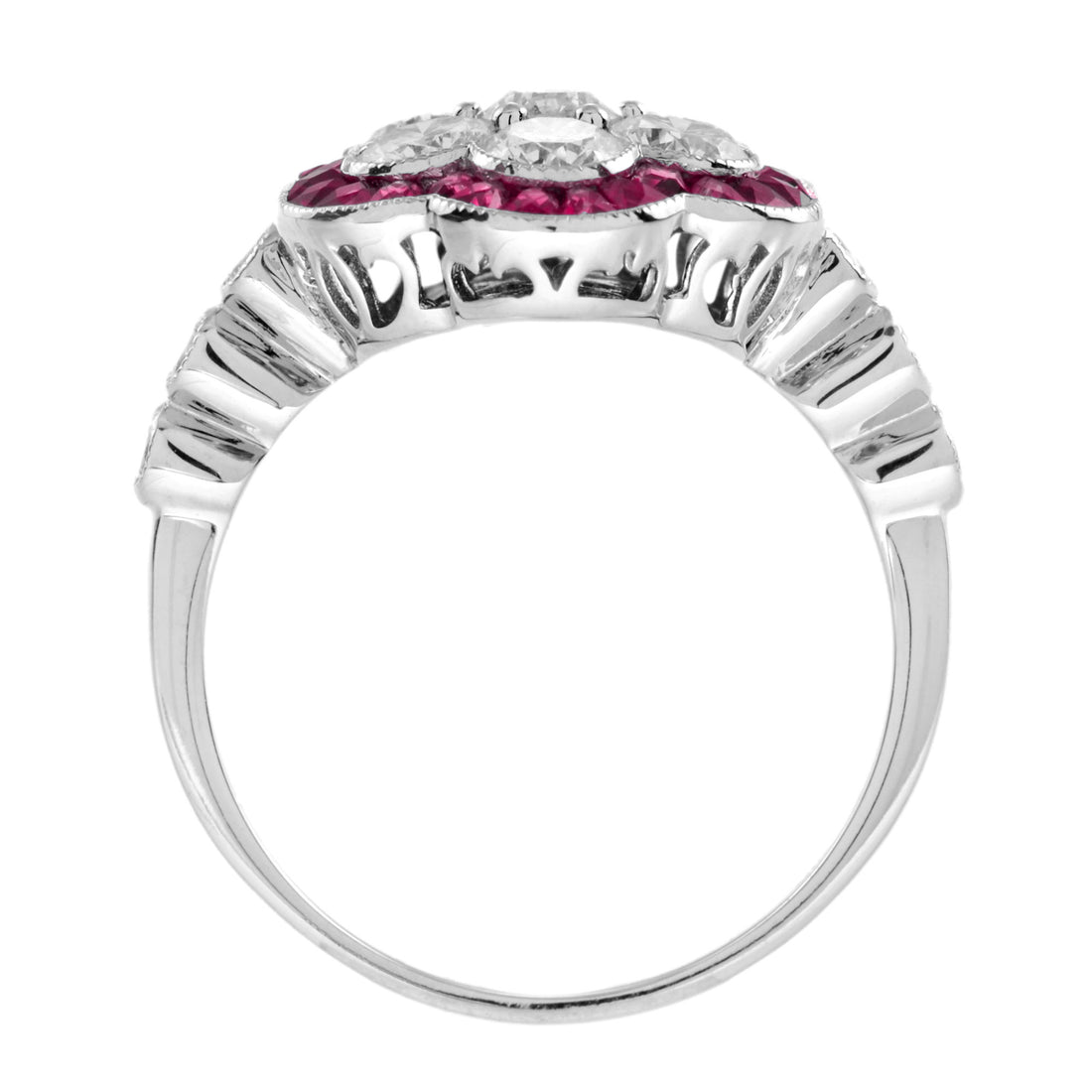 Diamond Cluster & Red Pink Ruby Art Deco Style Flower Floral 14K White Gold Ring
