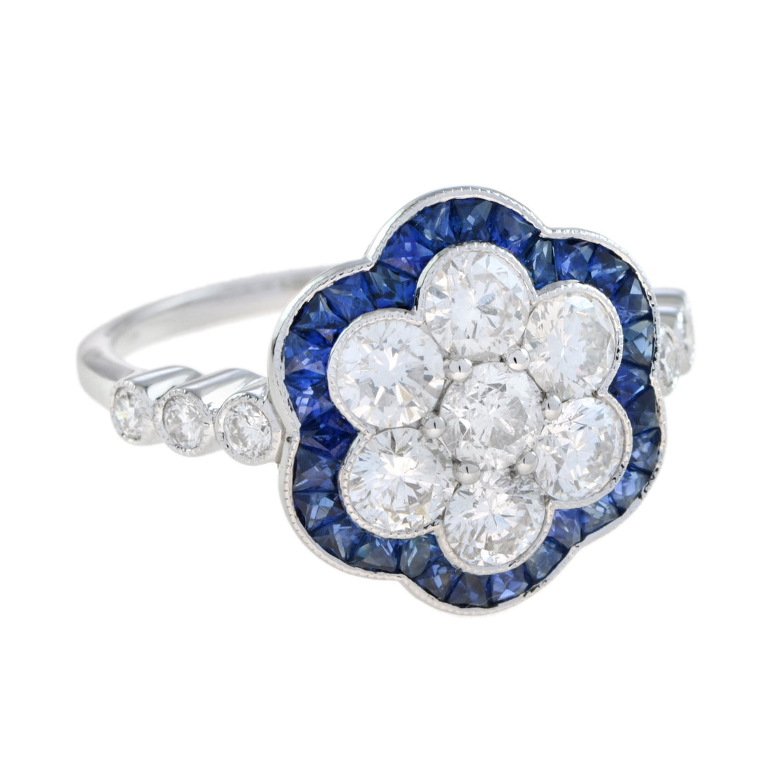 Round Diamond & Sapphire Art Deco Style Floral Flower Cluster White Gold Ring