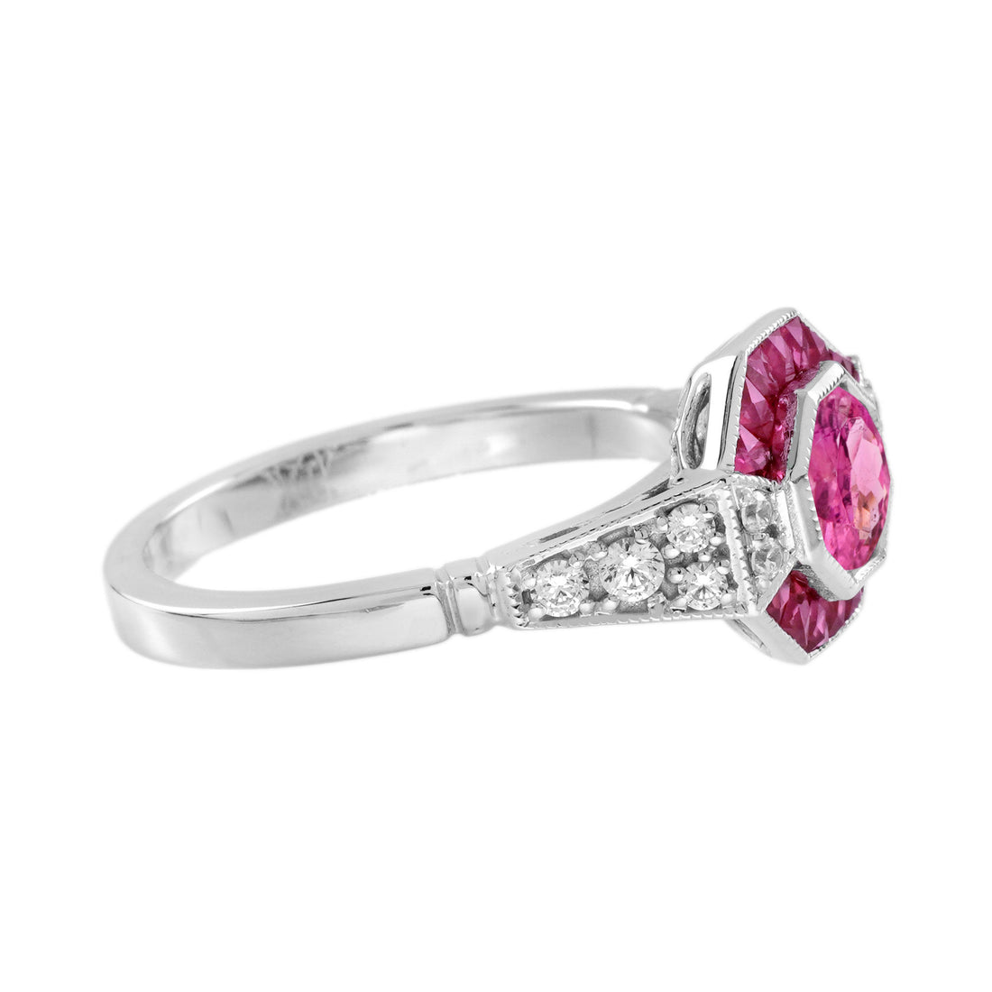 Pink Tourmaline & Ruby Diamond Halo Cut Art Deco Style Statement White Gold Ring