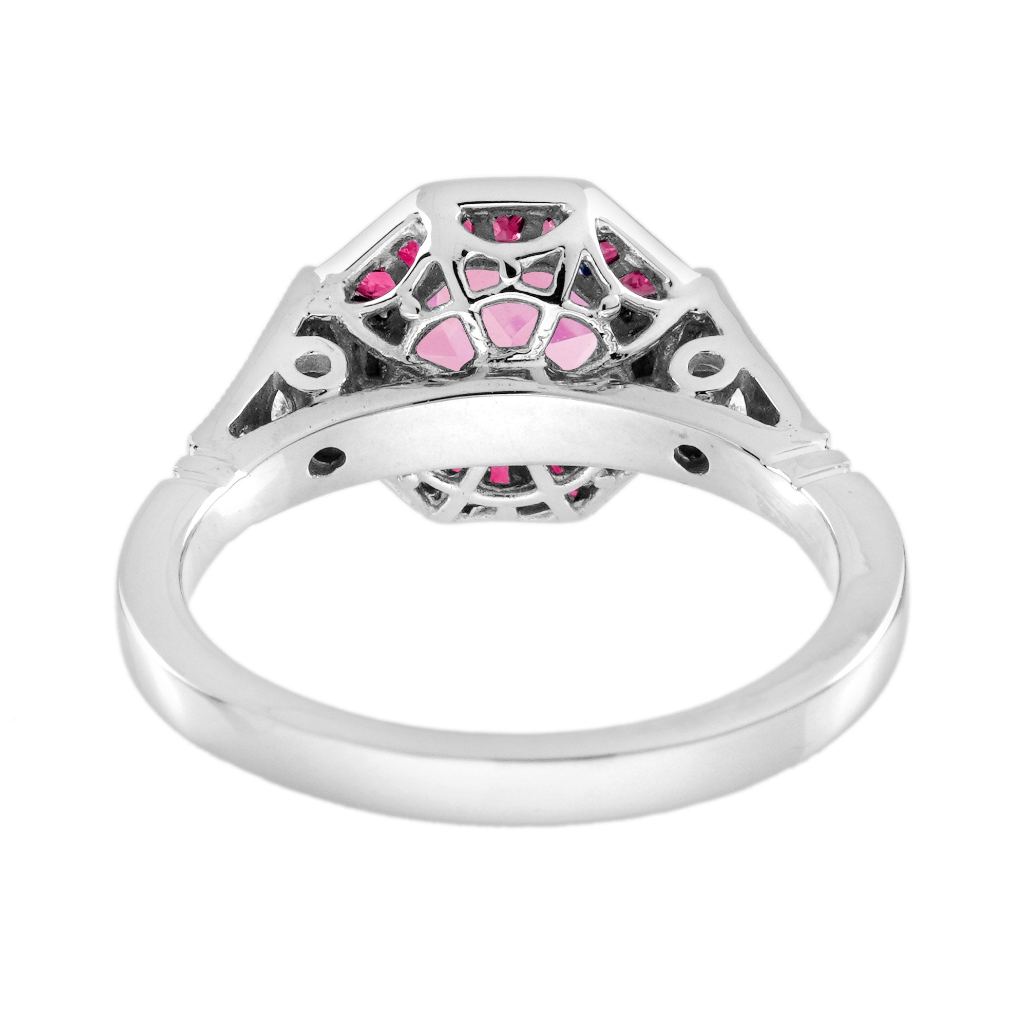 Pink Tourmaline & Ruby Diamond Halo Cut Art Deco Style Statement White Gold Ring