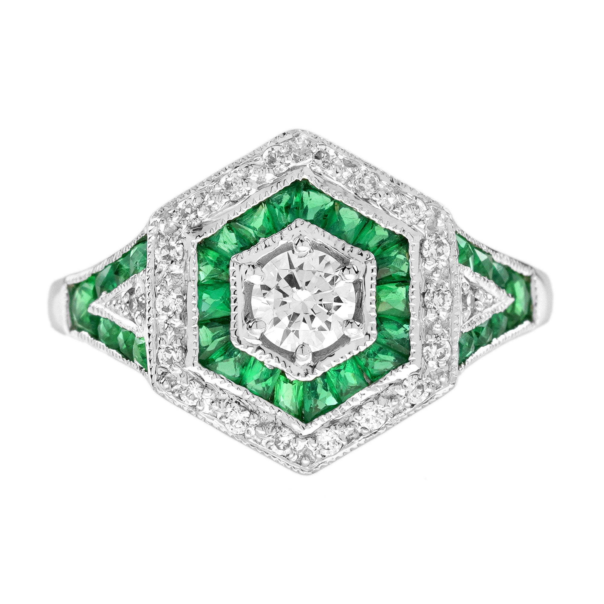 Diamond Emerald Art Deco Style Hexagon Shape Statement 14K White Gold Ring