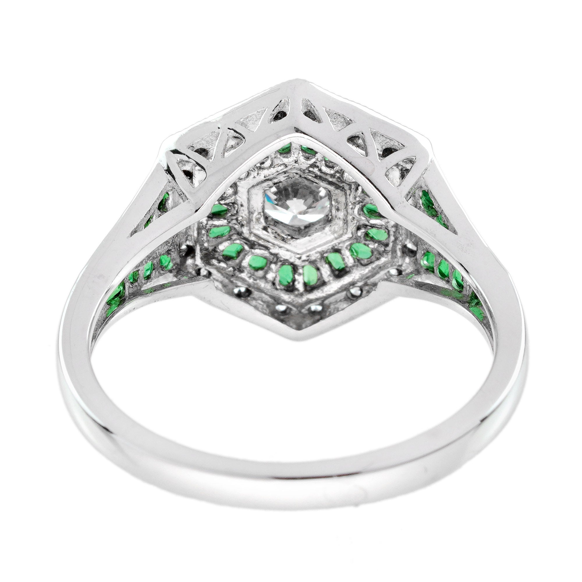 Diamond Emerald Art Deco Style Hexagon Shape Statement 14K White Gold Ring