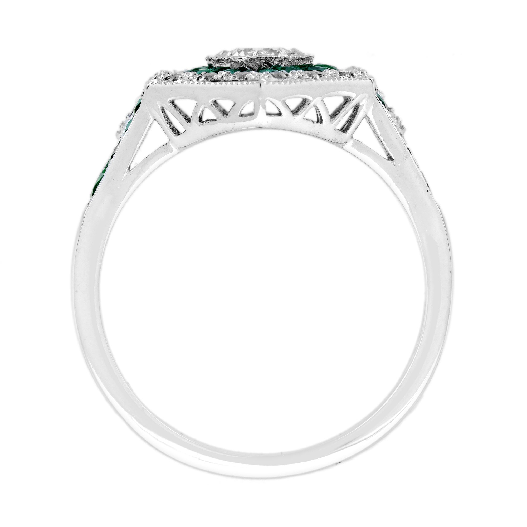 Diamond Emerald Art Deco Style Hexagon Shape Statement 14K White Gold Ring