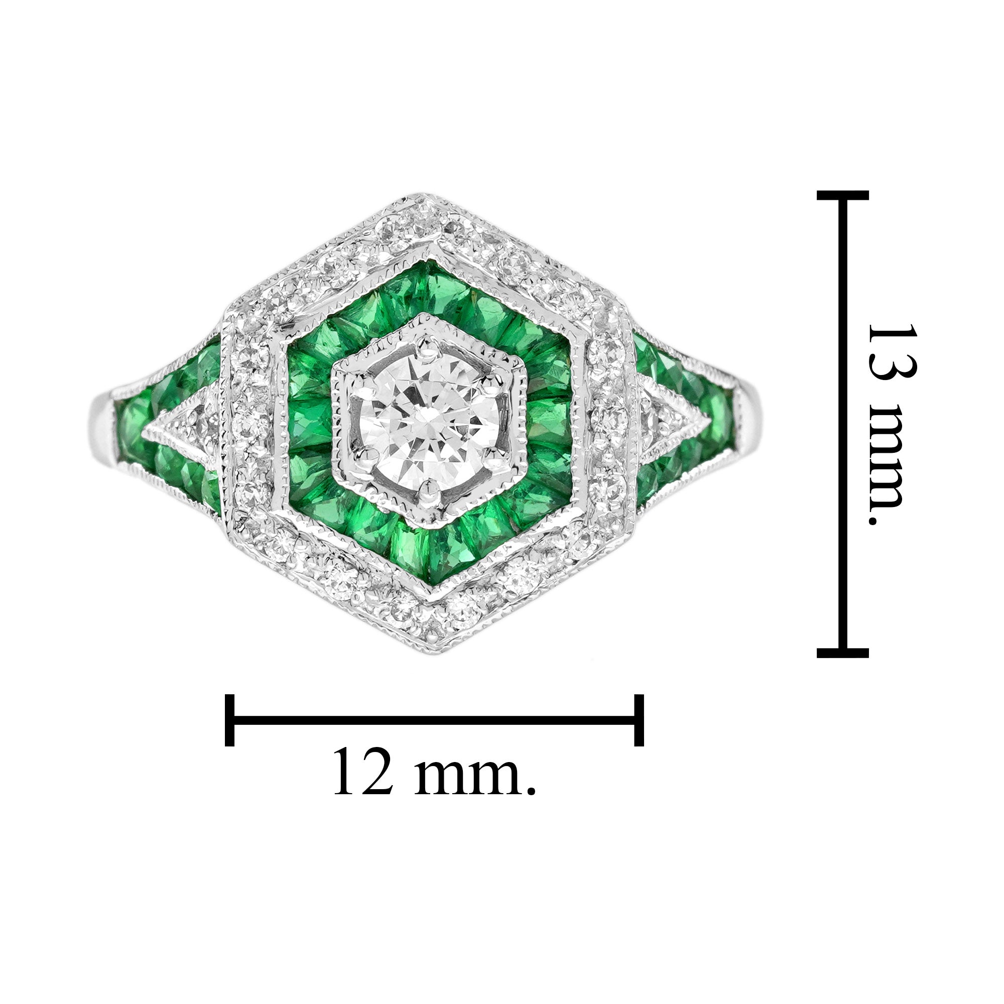 Diamond Emerald Art Deco Style Hexagon Shape Statement 14K White Gold Ring