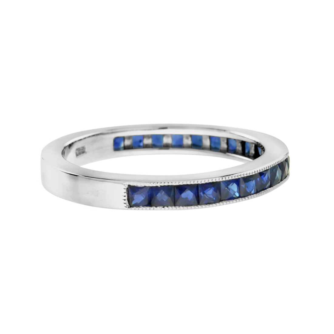 French Cut Blue Sapphire Channel Set Half Eternity 14K White Gold Ring