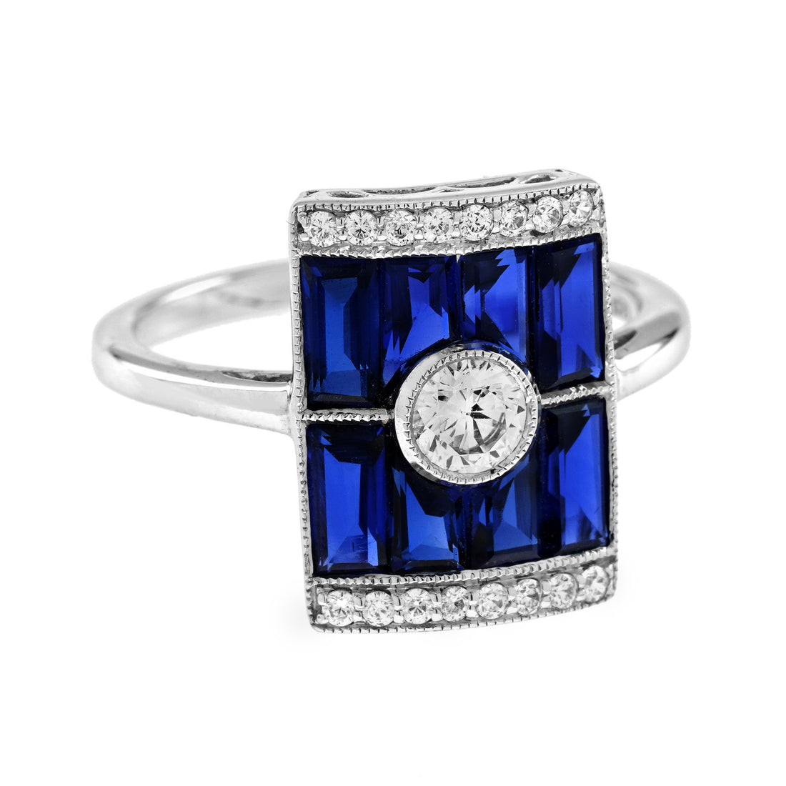 Diamond & Baguette Blue Sapphire Art Deco Style Rectangular 14K White Gold Ring