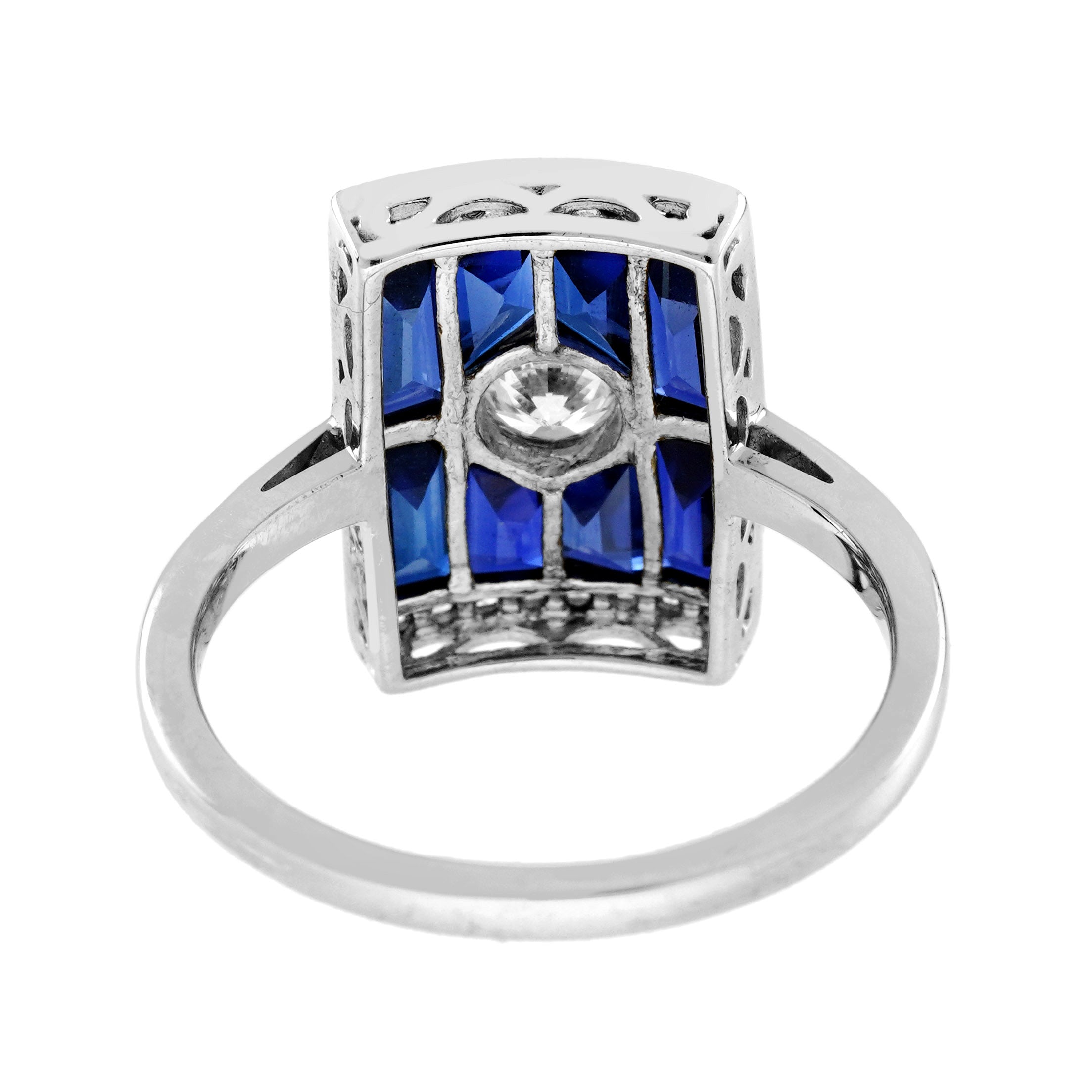 Diamond & Baguette Blue Sapphire Art Deco Style Rectangular 14K White Gold Ring