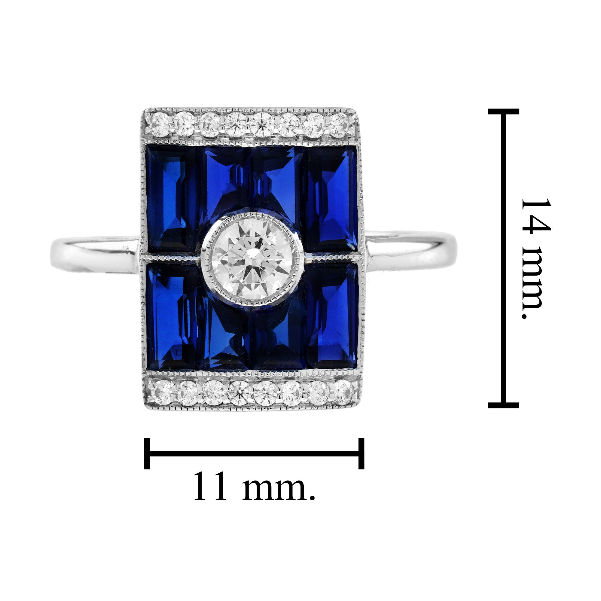 Diamond & Baguette Blue Sapphire Art Deco Style Rectangular 14K White Gold Ring
