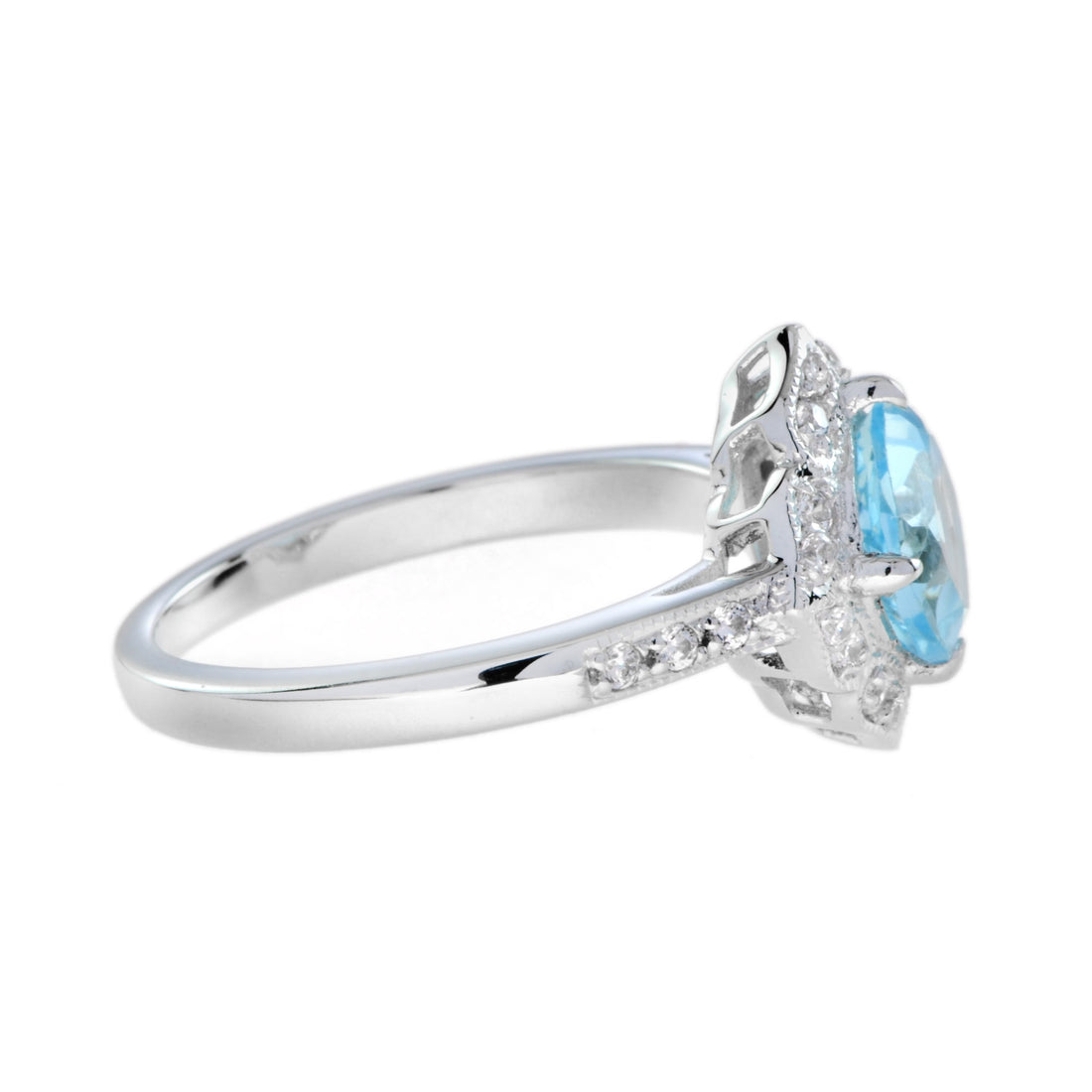 Cushion Blue Topaz & Diamond Vintage Style Engagement Halo 14K White Gold Ring