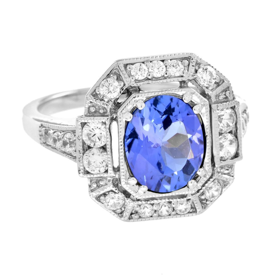 Oval Shape Blue Violet Tanzanite & Diamond Art Deco Style Halo White Gold Ring