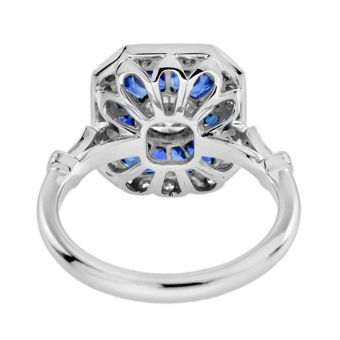 Diamond & Blue Sapphire Fancy Cut Halo Art Deco Style Engagement White Gold Ring