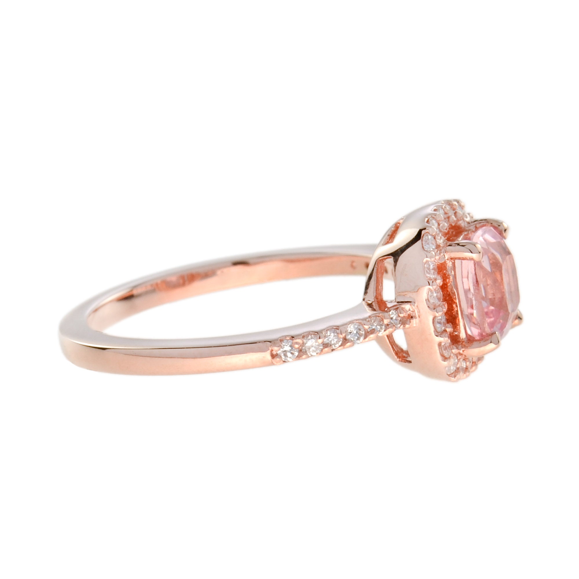 Cushion Shaped Peach Pink Morganite & Diamond Classic Halo 14K Rose Gold Ring