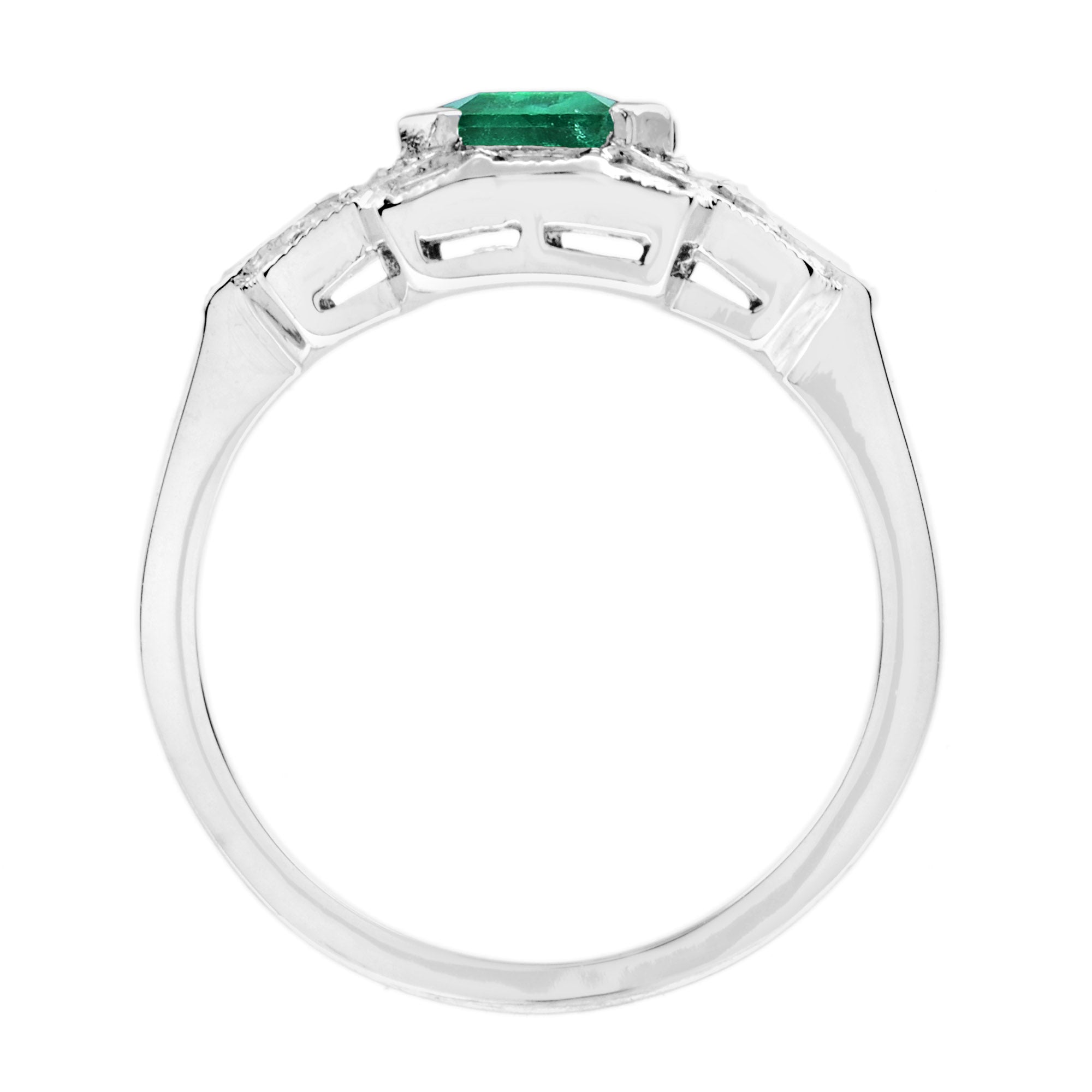 Asscher Green Emerald & Diamond Art Deco Style Engagement 18K White Gold Ring