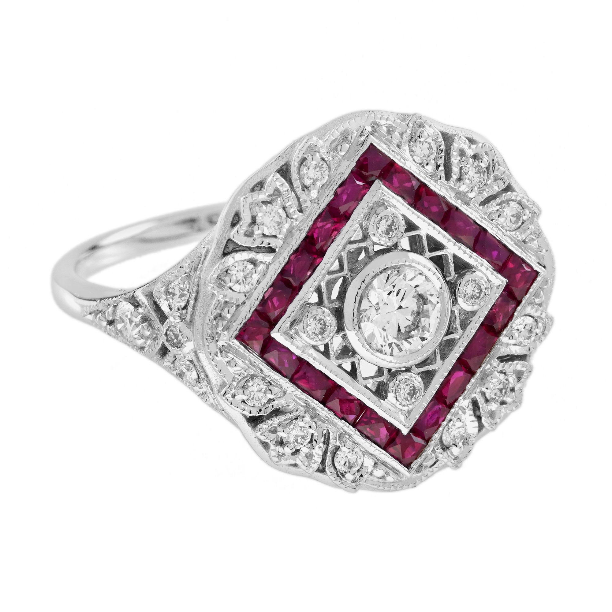 Diamond & Ruby Halo Set Vintage Inspired Art Deco Style White Gold Ring