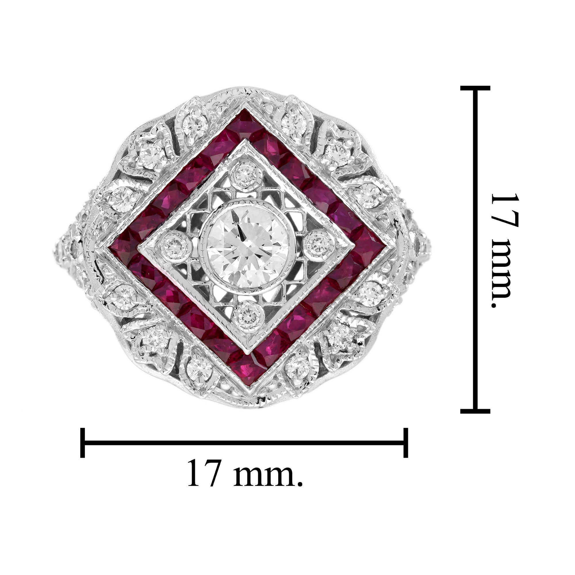 Diamond & Ruby Halo Set Vintage Inspired Art Deco Style White Gold Ring